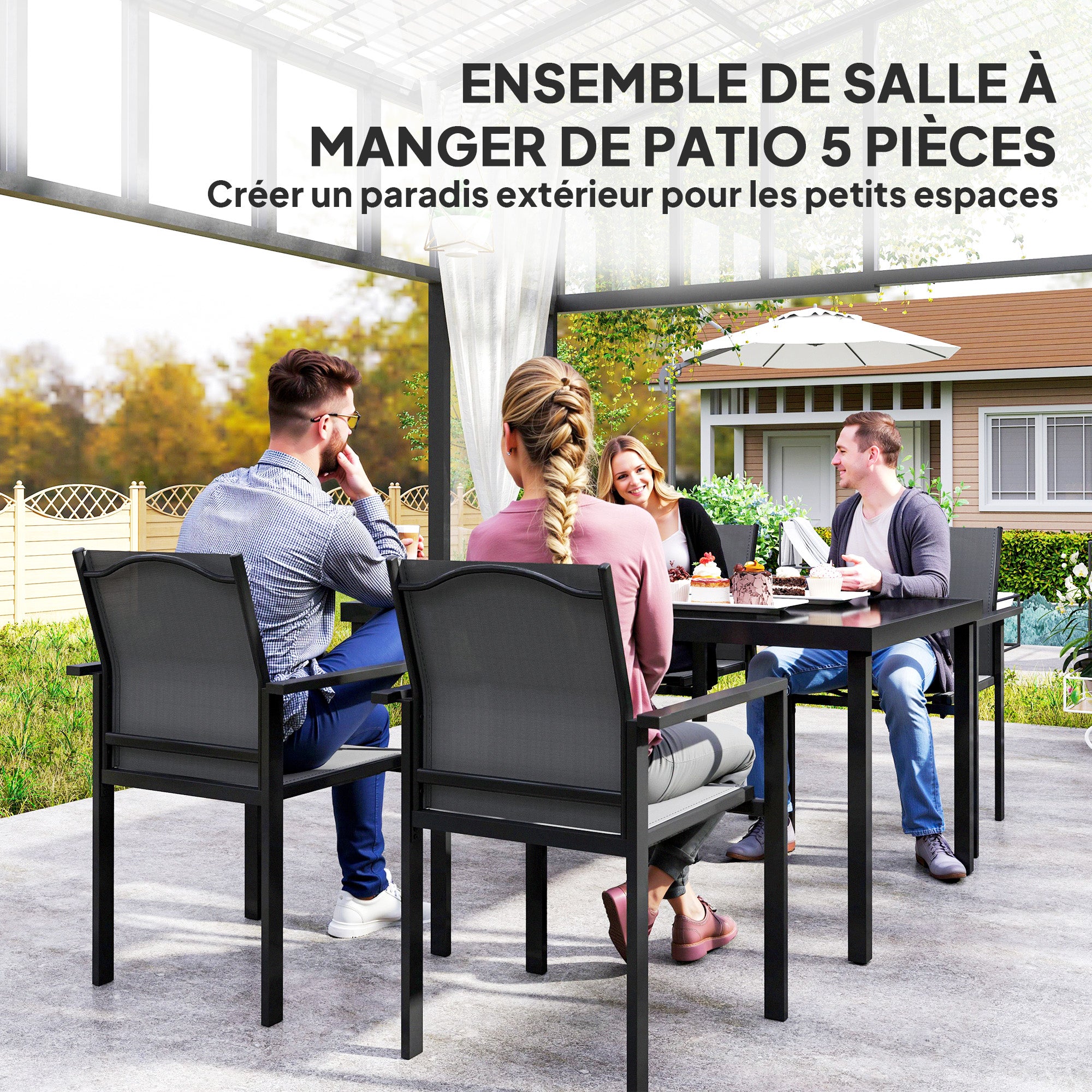 Outdoor 4-Person Garden Set, Outdoor Table with 4 Stackable Chairs, 140cm Tempered Glass Table, Garden Furniture, Terrace, Porch, Black