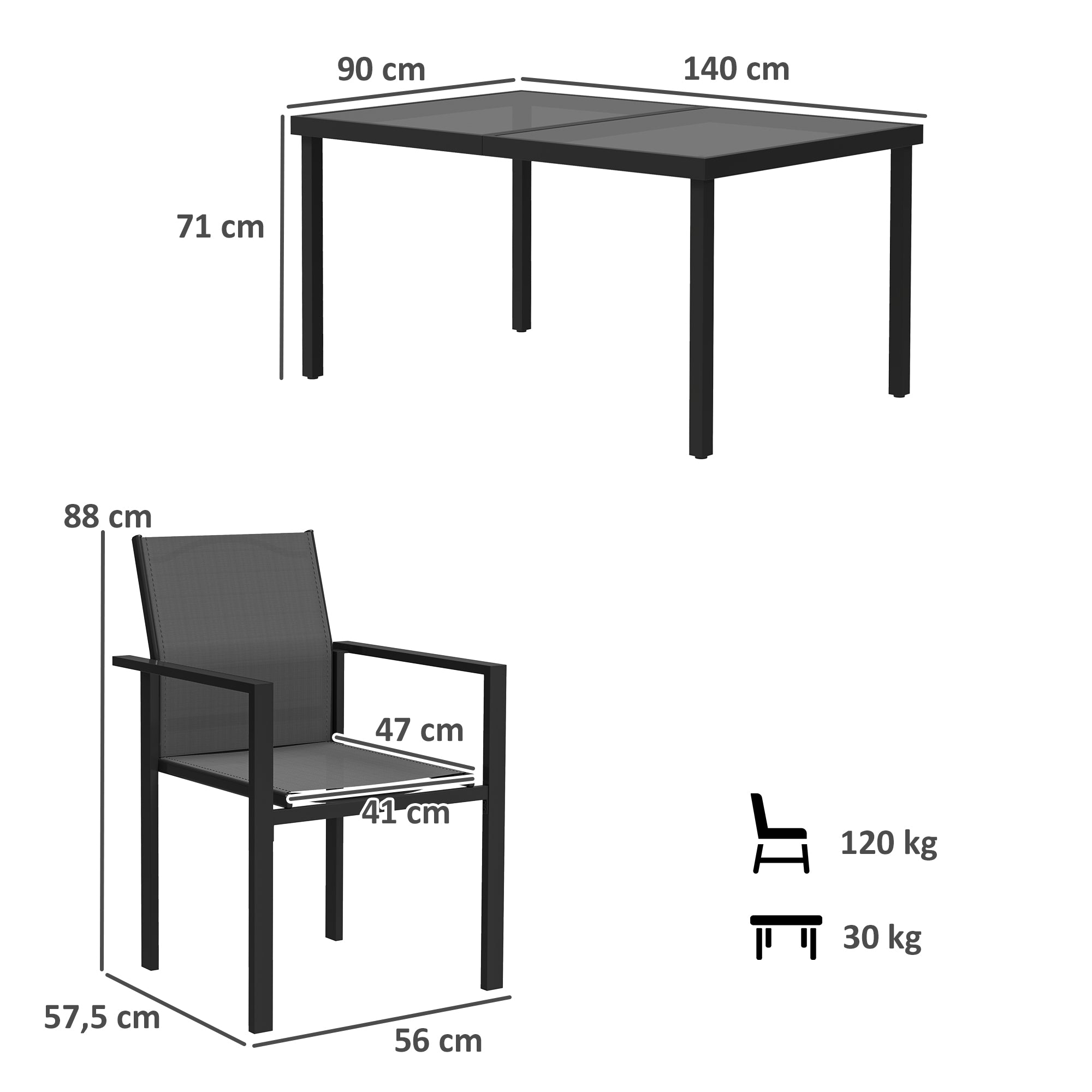Outdoor 4-Person Garden Set, Outdoor Table with 4 Stackable Chairs, 140cm Tempered Glass Table, Garden Furniture, Terrace, Porch, Black