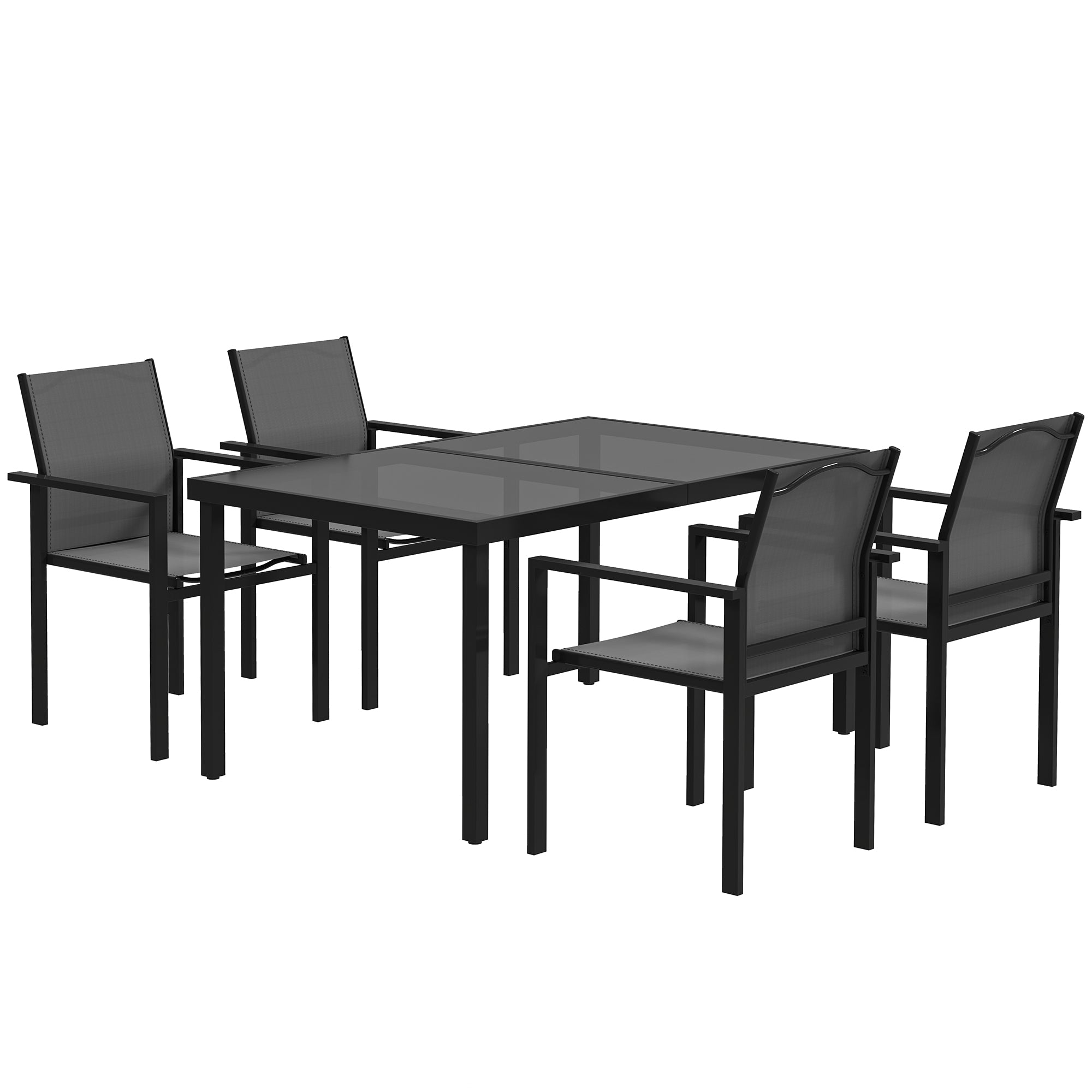 Outdoor 4-Person Garden Set, Outdoor Table with 4 Stackable Chairs, 140cm Tempered Glass Table, Garden Furniture, Terrace, Porch, Black