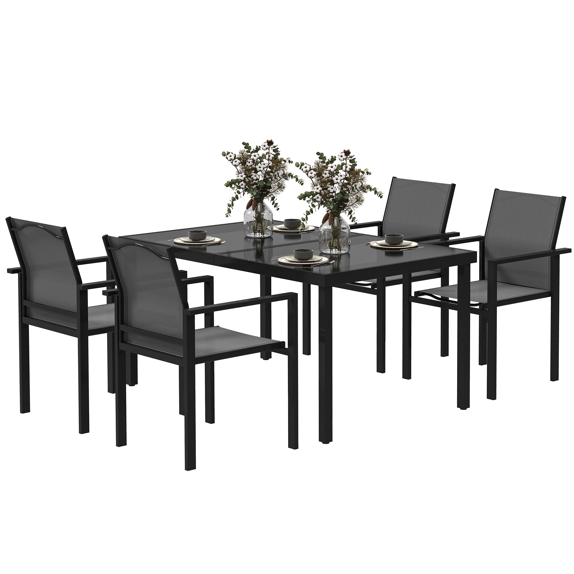Outdoor 4-Person Garden Set, Outdoor Table with 4 Stackable Chairs, 140cm Tempered Glass Table, Garden Furniture, Terrace, Porch, Black