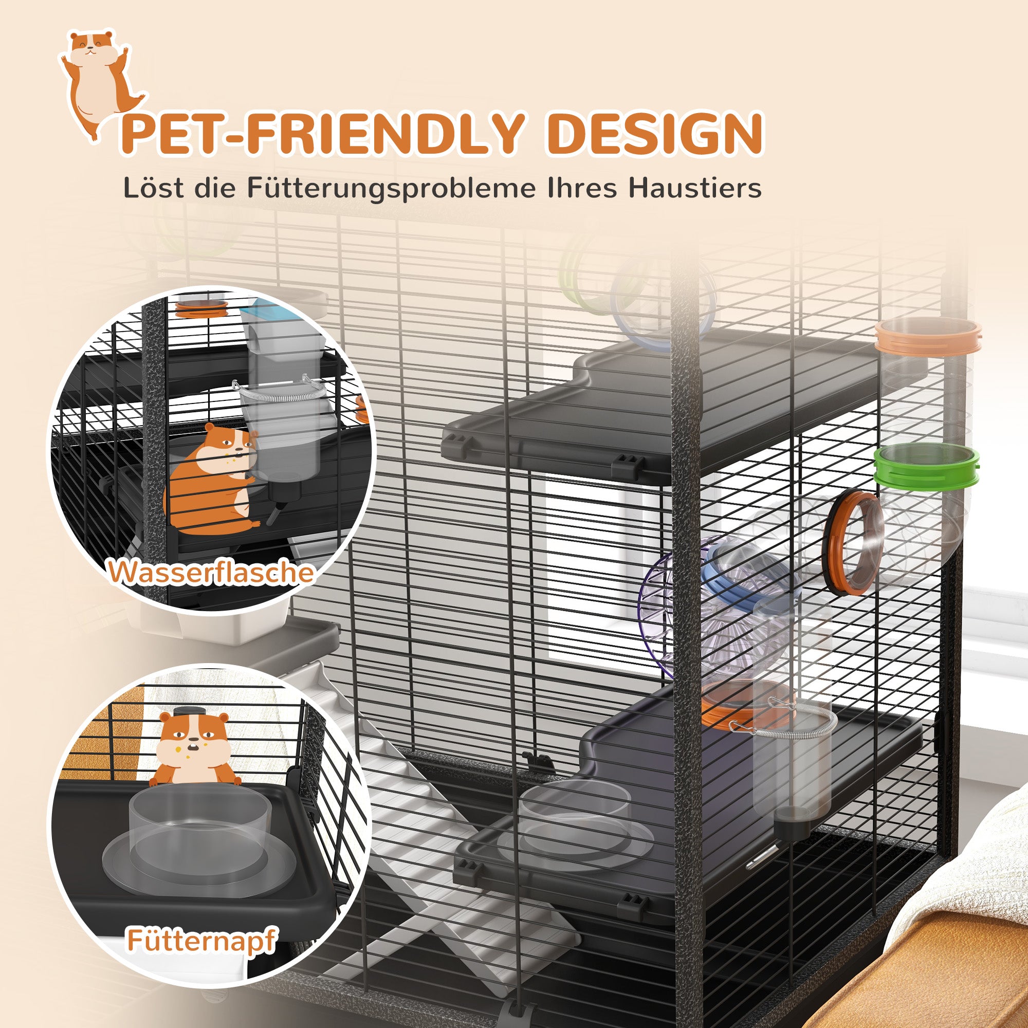 Hamster Cage Small Animal Cage with Wheels, Tubes, Shelves, Ramps, Wheel, Food Bowl, Water Bottle, Guinea Pig Cage Mouse Cage for Gerbils, Syrian Hamsters, Black