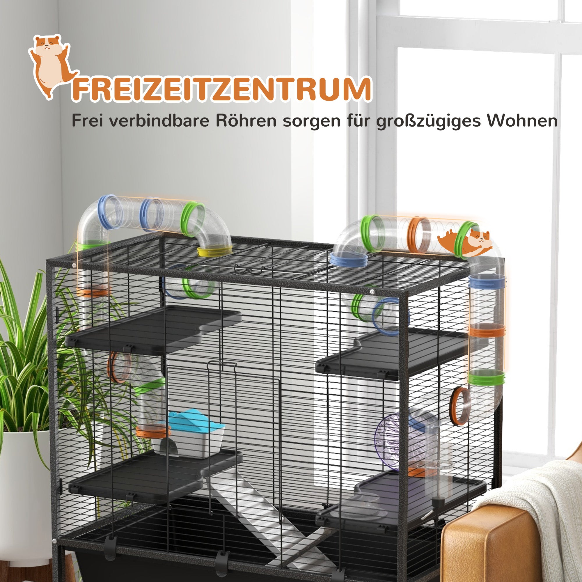 Hamster Cage Small Animal Cage with Wheels, Tubes, Shelves, Ramps, Wheel, Food Bowl, Water Bottle, Guinea Pig Cage Mouse Cage for Gerbils, Syrian Hamsters, Black