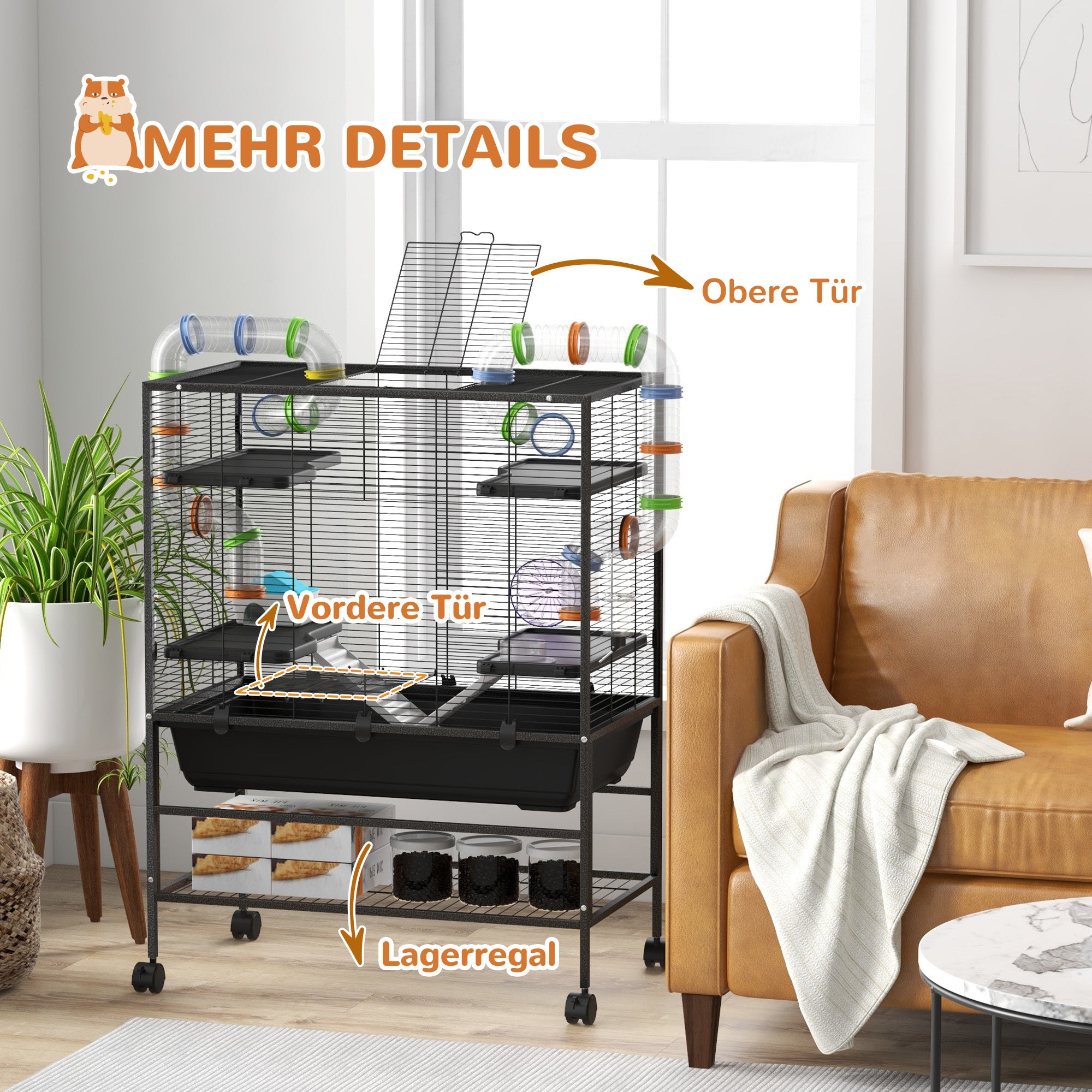Hamster Cage Small Animal Cage with Wheels, Tubes, Shelves, Ramps, Wheel, Food Bowl, Water Bottle, Guinea Pig Cage Mouse Cage for Gerbils, Syrian Hamsters, Black