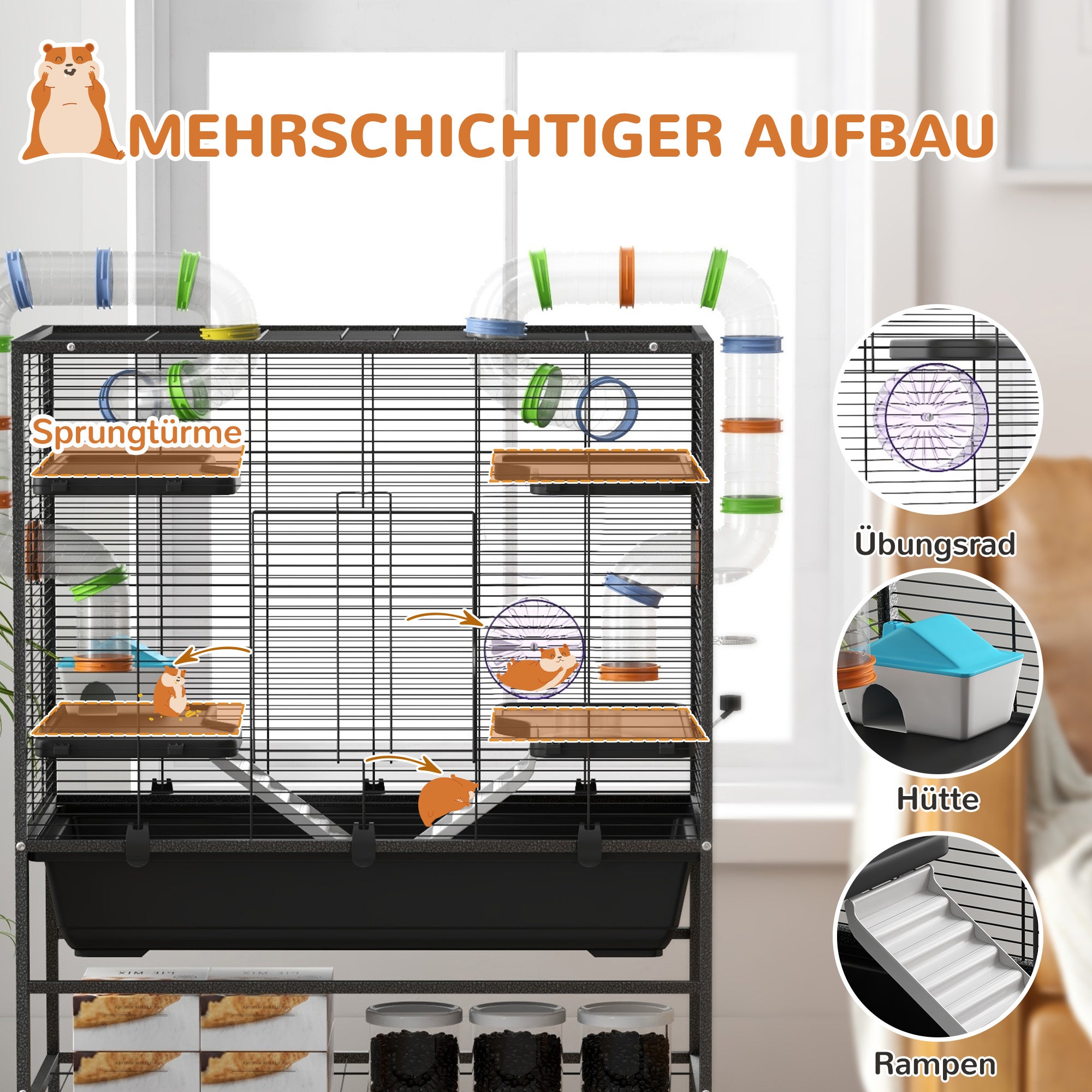 Hamster Cage Small Animal Cage with Wheels, Tubes, Shelves, Ramps, Wheel, Food Bowl, Water Bottle, Guinea Pig Cage Mouse Cage for Gerbils, Syrian Hamsters, Black