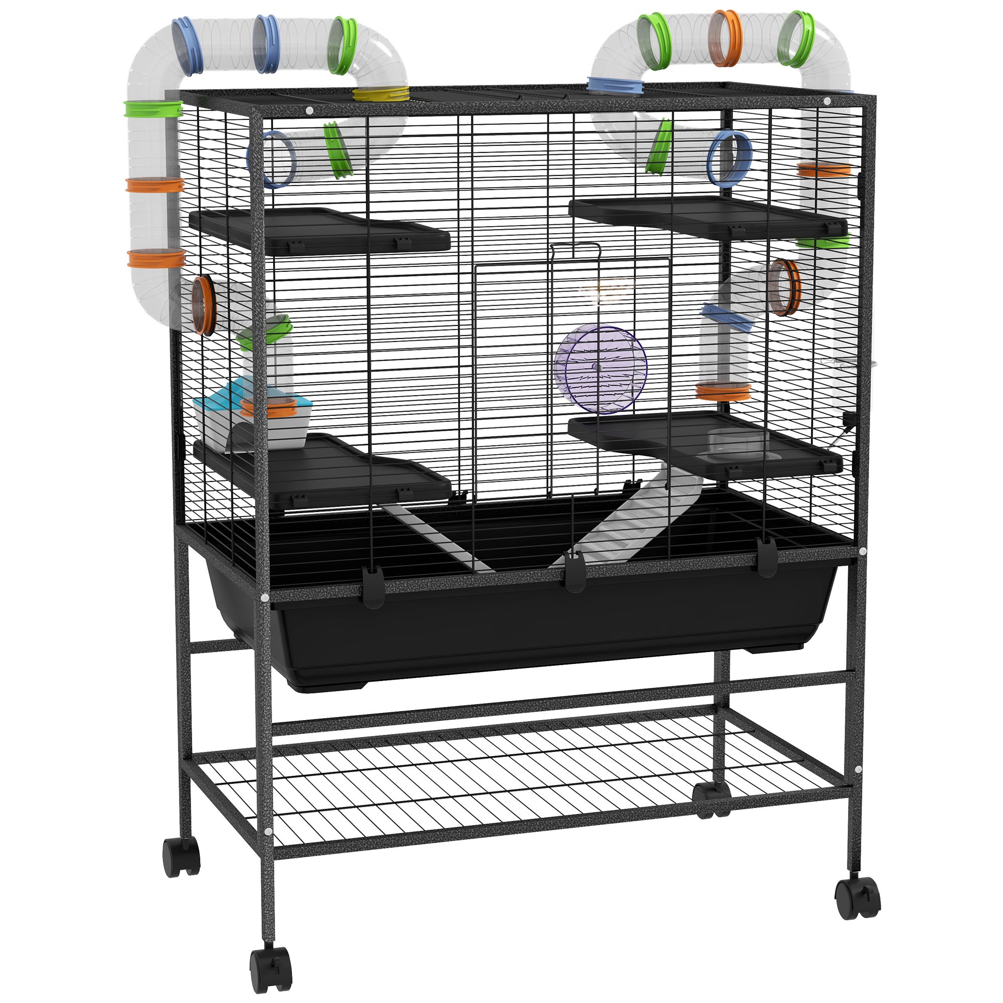 Hamster Cage Small Animal Cage with Wheels, Tubes, Shelves, Ramps, Wheel, Food Bowl, Water Bottle, Guinea Pig Cage Mouse Cage for Gerbils, Syrian Hamsters, Black