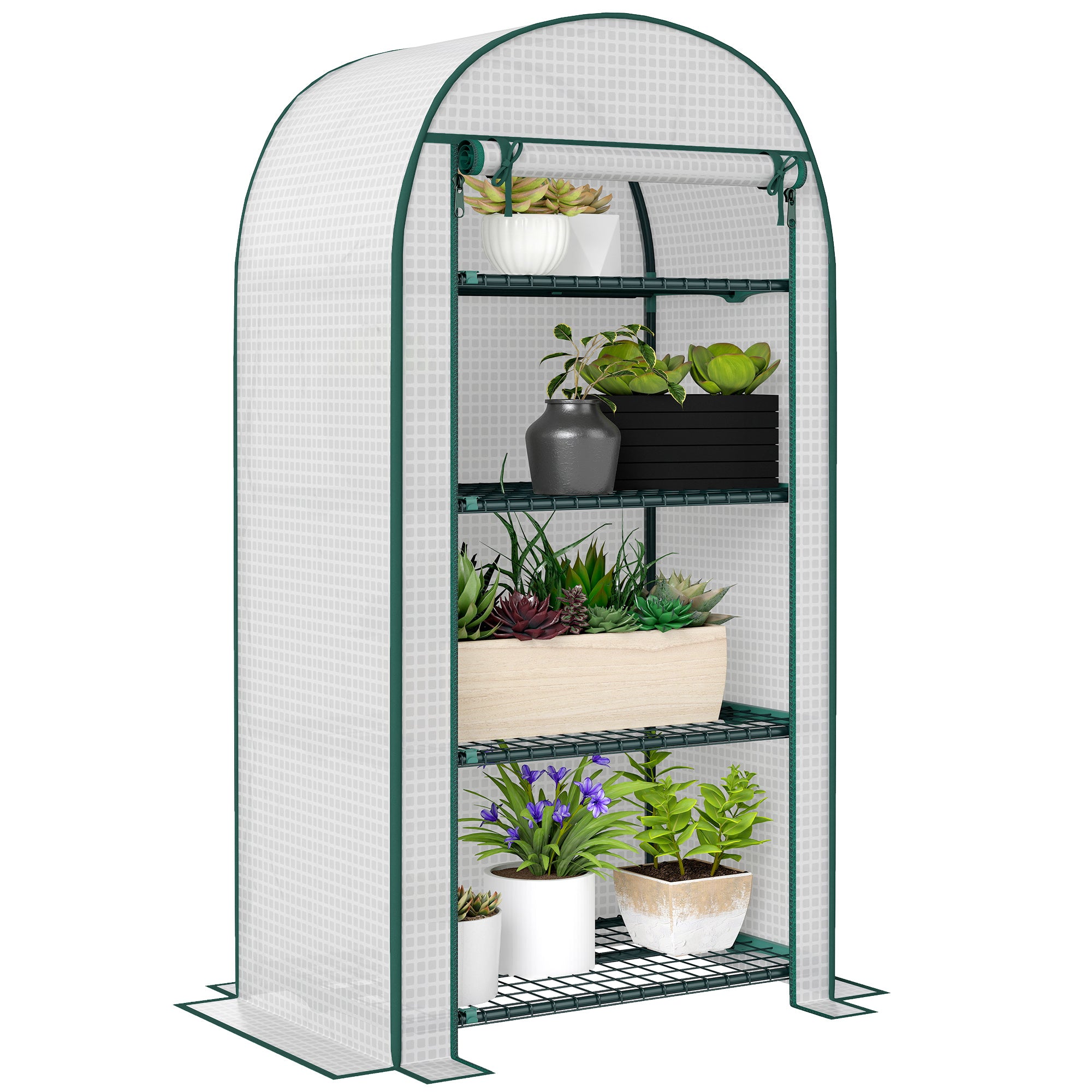 4-Tier PE Garden Greenhouse with Shelves, Balcony Greenhouse, Reinforced 130 g/m² Tarpaulin, Steel Frame, Roll-Up Zippered Door, for Vegetables Plants Flowers, 80 x 50 x 160 cm, White