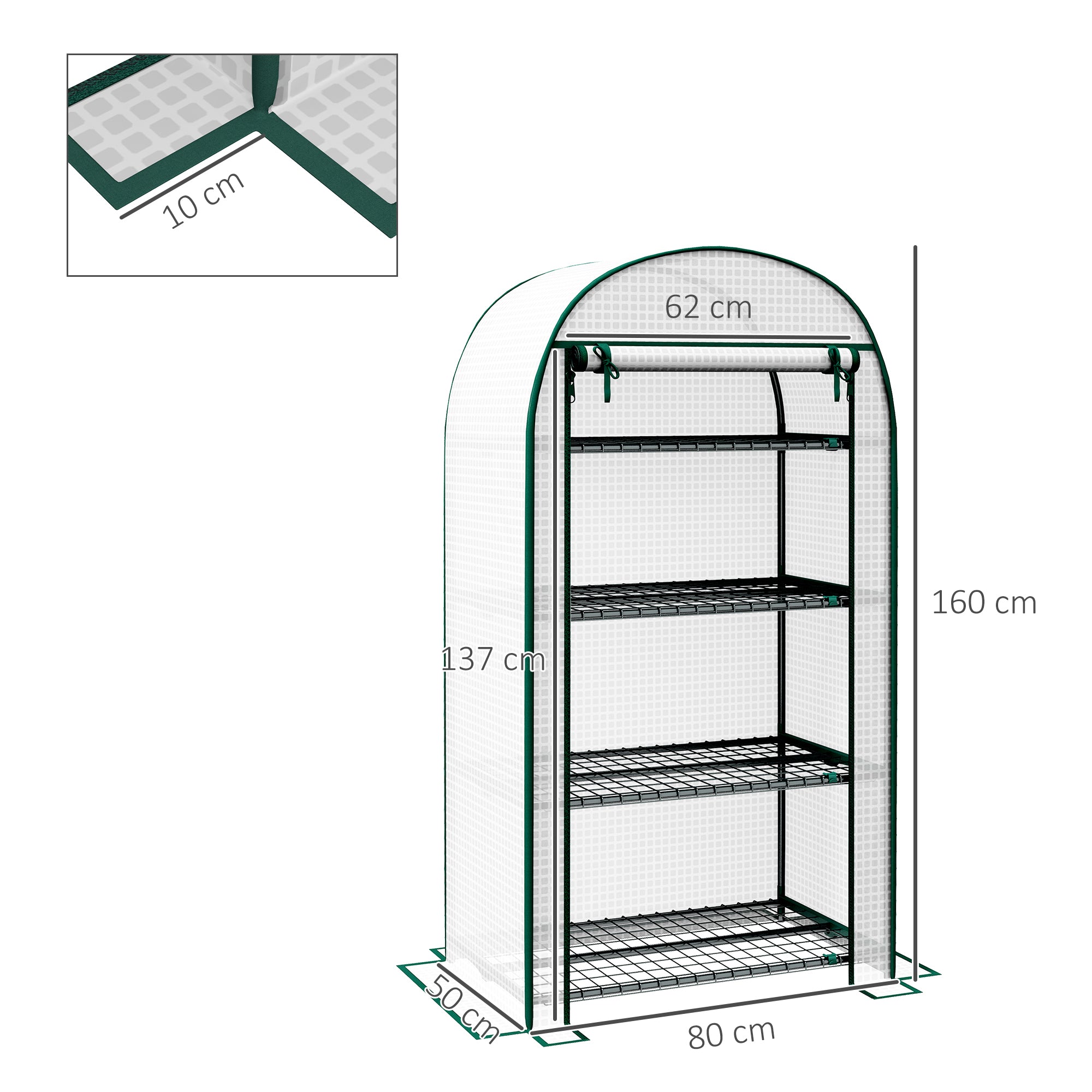 4-Tier PE Garden Greenhouse with Shelves, Balcony Greenhouse, Reinforced 130 g/m² Tarpaulin, Steel Frame, Roll-Up Zippered Door, for Vegetables Plants Flowers, 80 x 50 x 160 cm, White