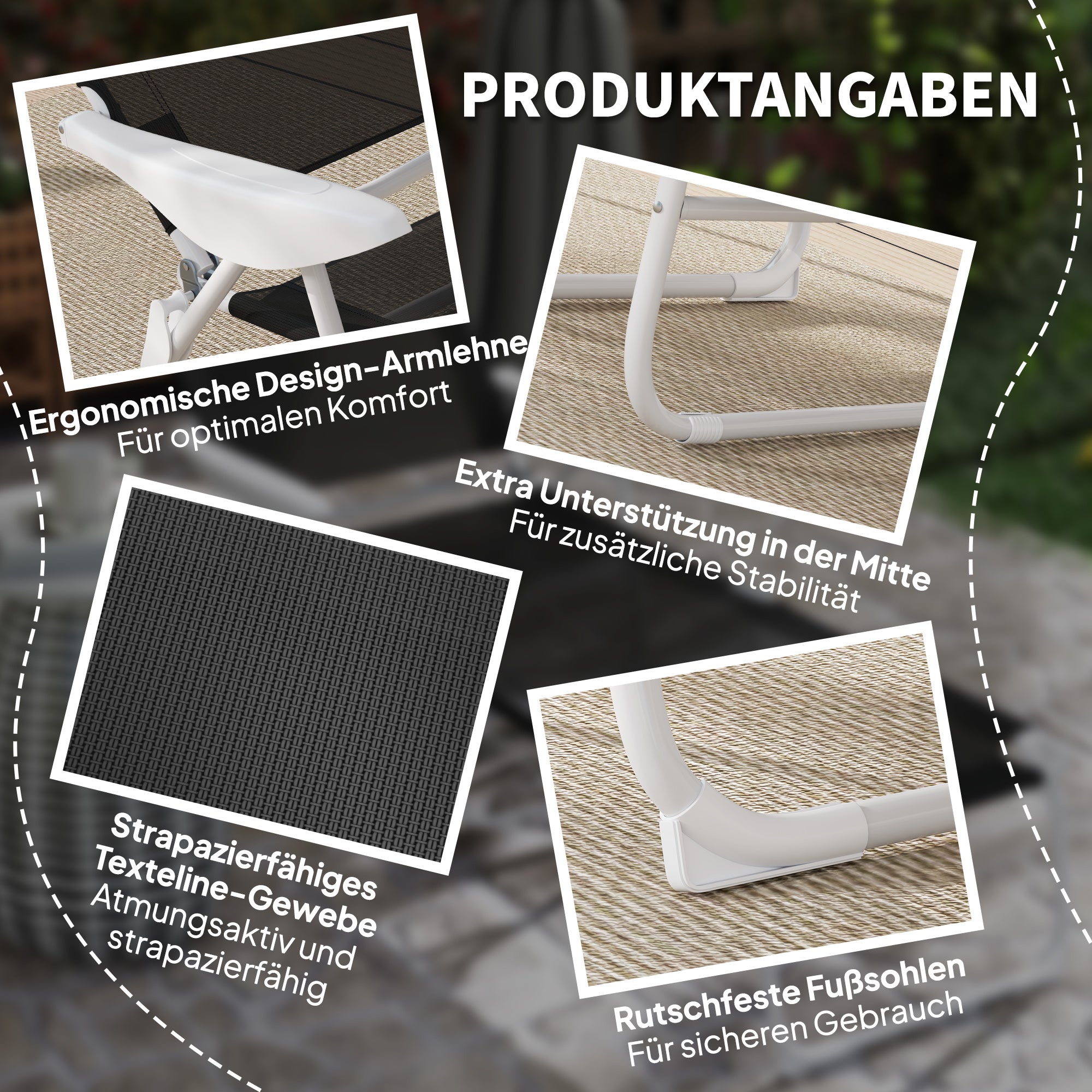 Folding Sun Lounger with Pillow — 4-Position Adjustable Backrest, Weather-Resistant Camping & Garden Chair, Supports up to 265 lb, Black