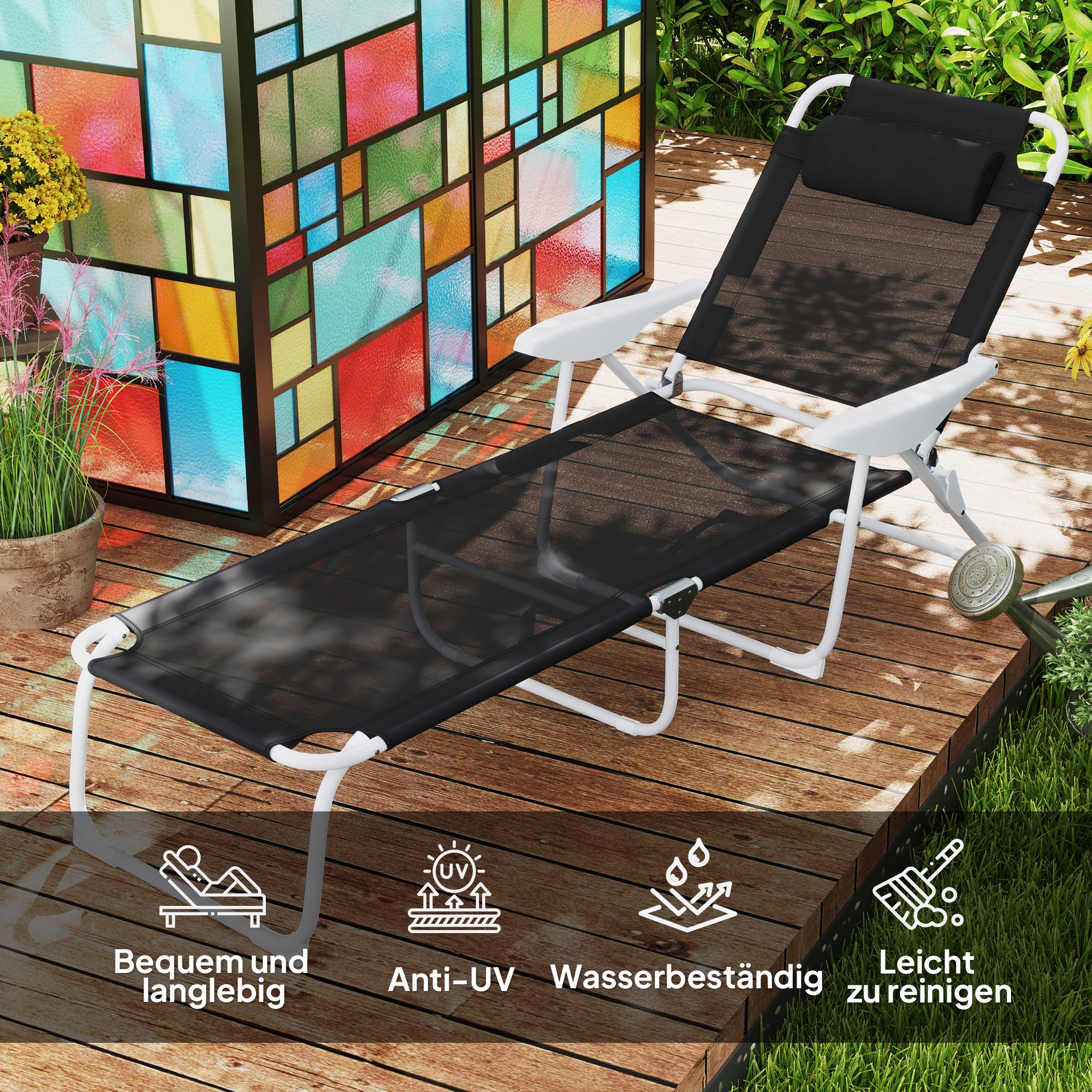 Folding Sun Lounger with Pillow — 4-Position Adjustable Backrest, Weather-Resistant Camping & Garden Chair, Supports up to 265 lb, Black