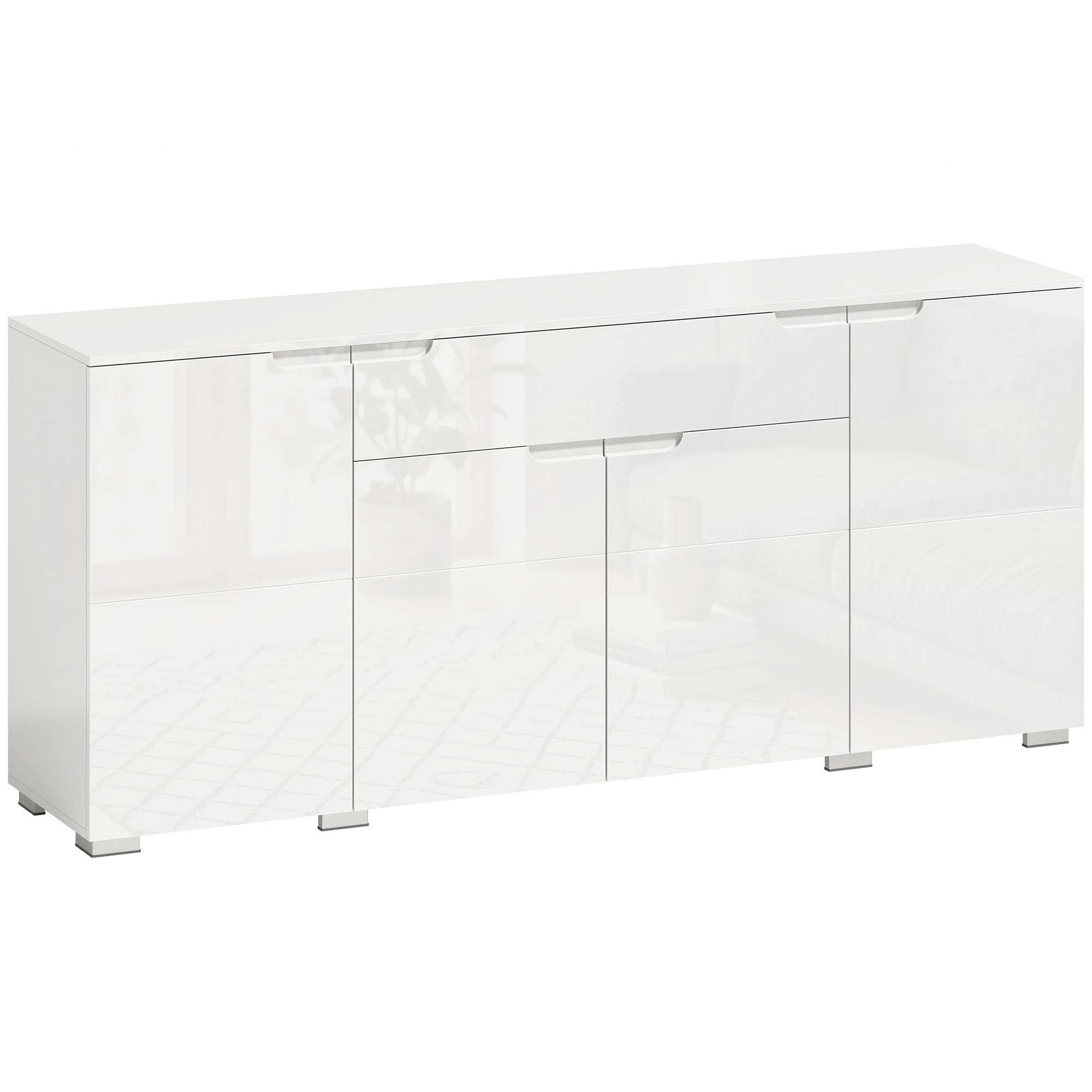 High-Gloss Sideboard — Modern 4-Door Buffet Cabinet with Adjustable Shelves & Soft-Close Doors, White