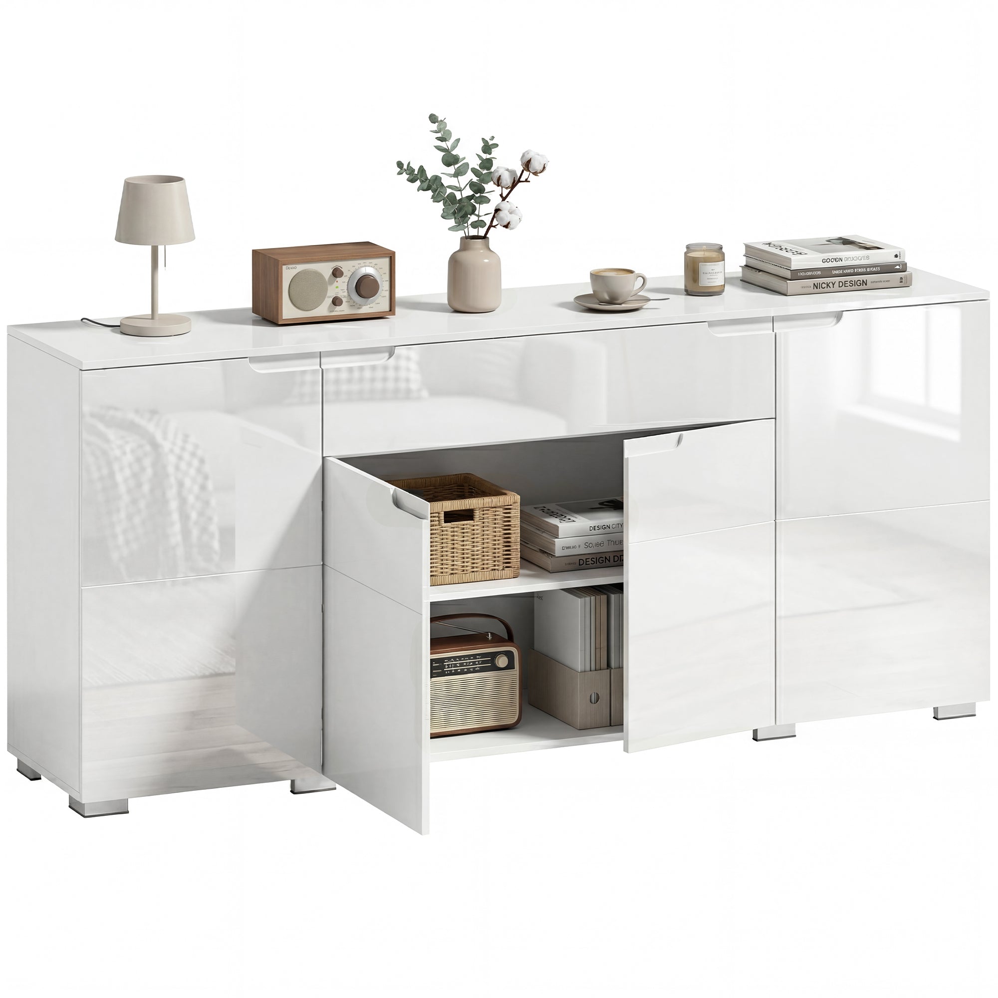 High-Gloss Sideboard — Modern 4-Door Buffet Cabinet with Adjustable Shelves & Soft-Close Doors, White