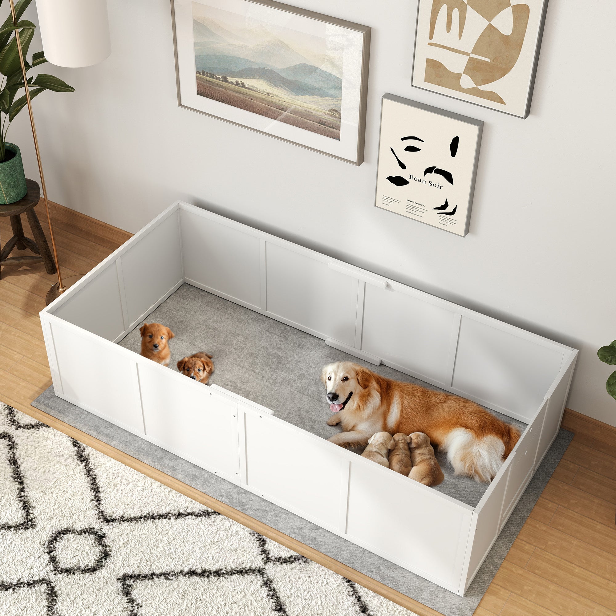 Whelping Box for Puppies, Puppy Pen with Adjustable Door, Non-Slip Dog Playpen, Puppy Playpen, Puppy Whelping Box for Small to Large Dogs, 196x96x48 cm, White