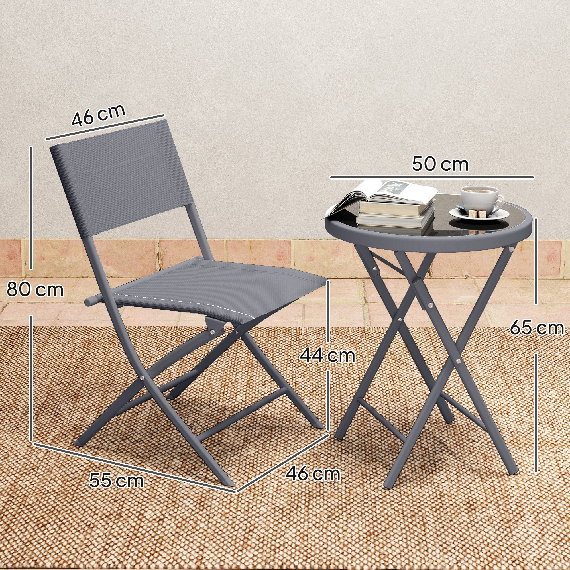 3-Piece Metal Foldable Bistro Set, 2 Chairs and 1 Round Table, Outdoor Garden 2-Person Dining Set, Outdoor Garden Table with Chairs for Garden, Patio, Balcony, Gray