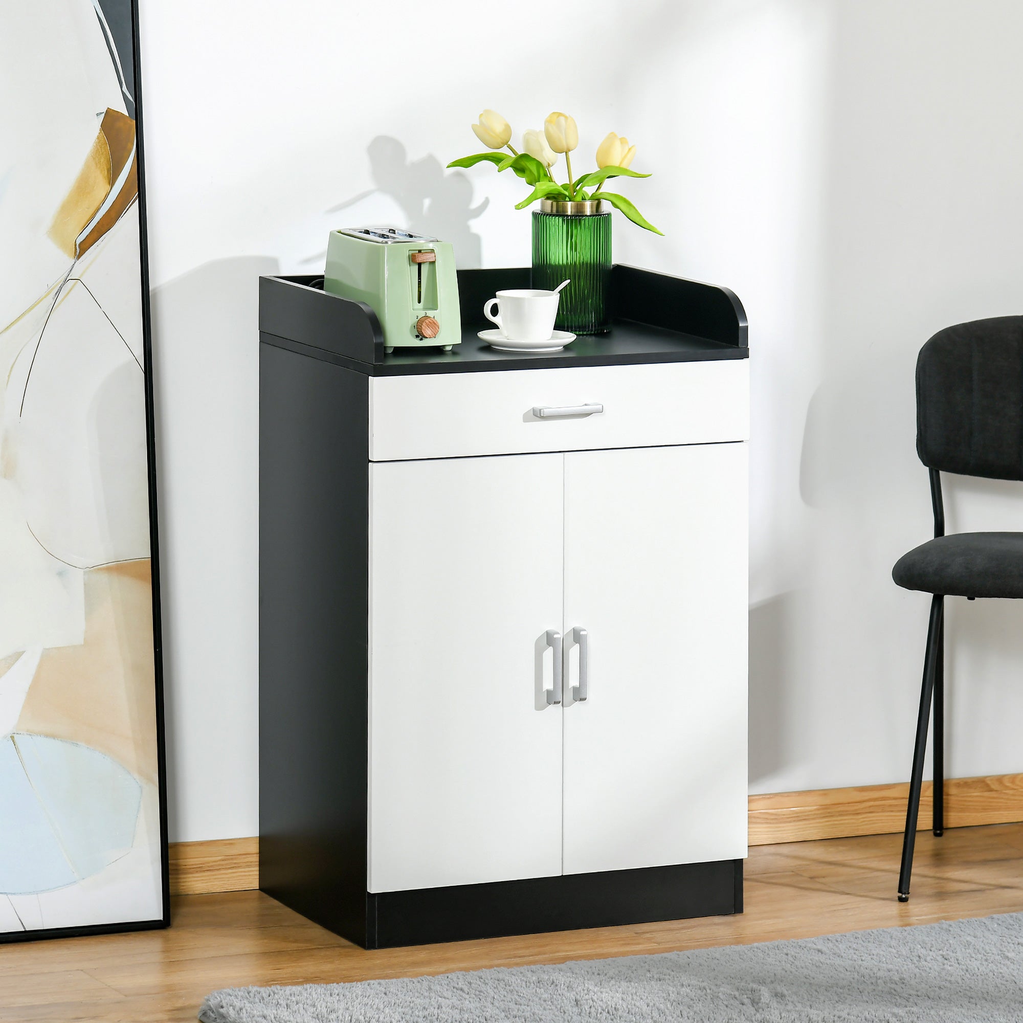 Wooden Cabinet with Drawer, Adjustable Shelf, Space-Saving Kitchen Cabinet, Living Room, and Entrance Hallway, in MDF wood, 60x40x90cm, Black and White