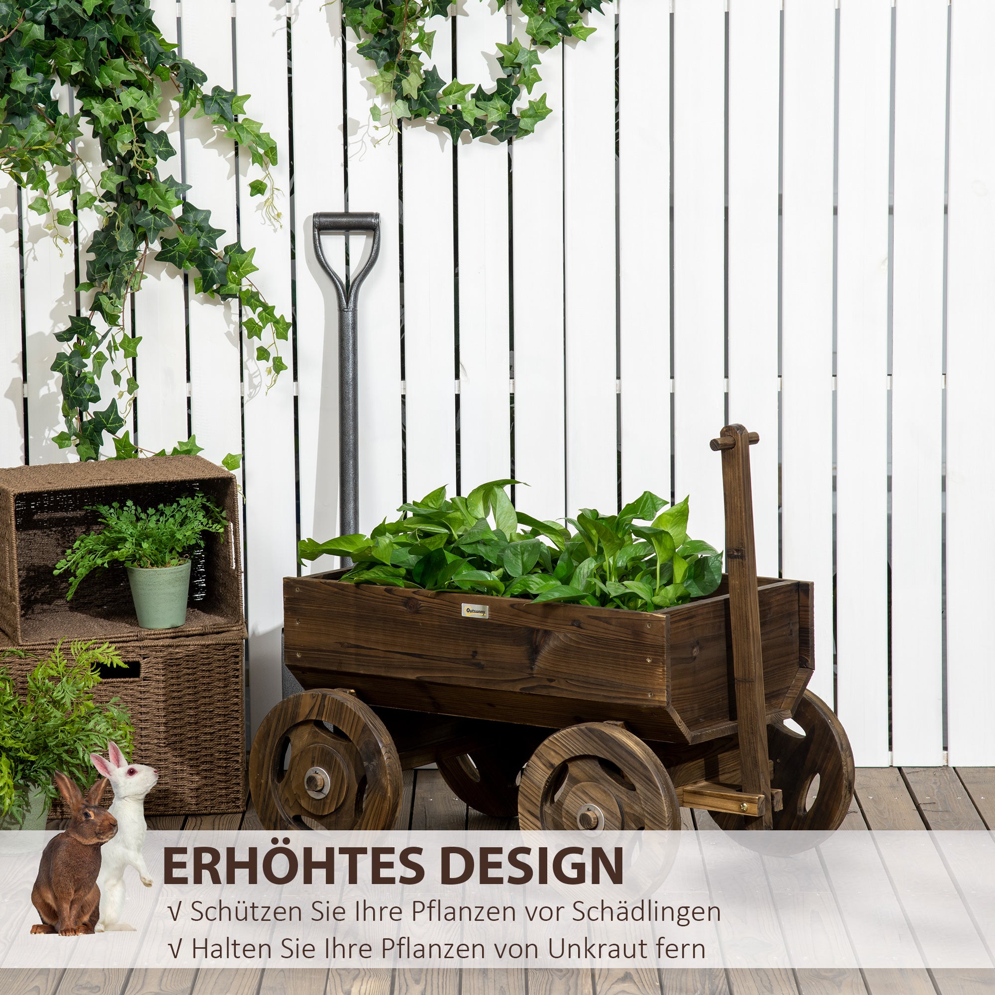 Raised Bed in Wooden Cart Design, Flower Box Wood, Plant Cart, Plant Stand for Garden and Terrace, Supports up to 50 kg, Charcoal, 120 x 53 x 55 cm