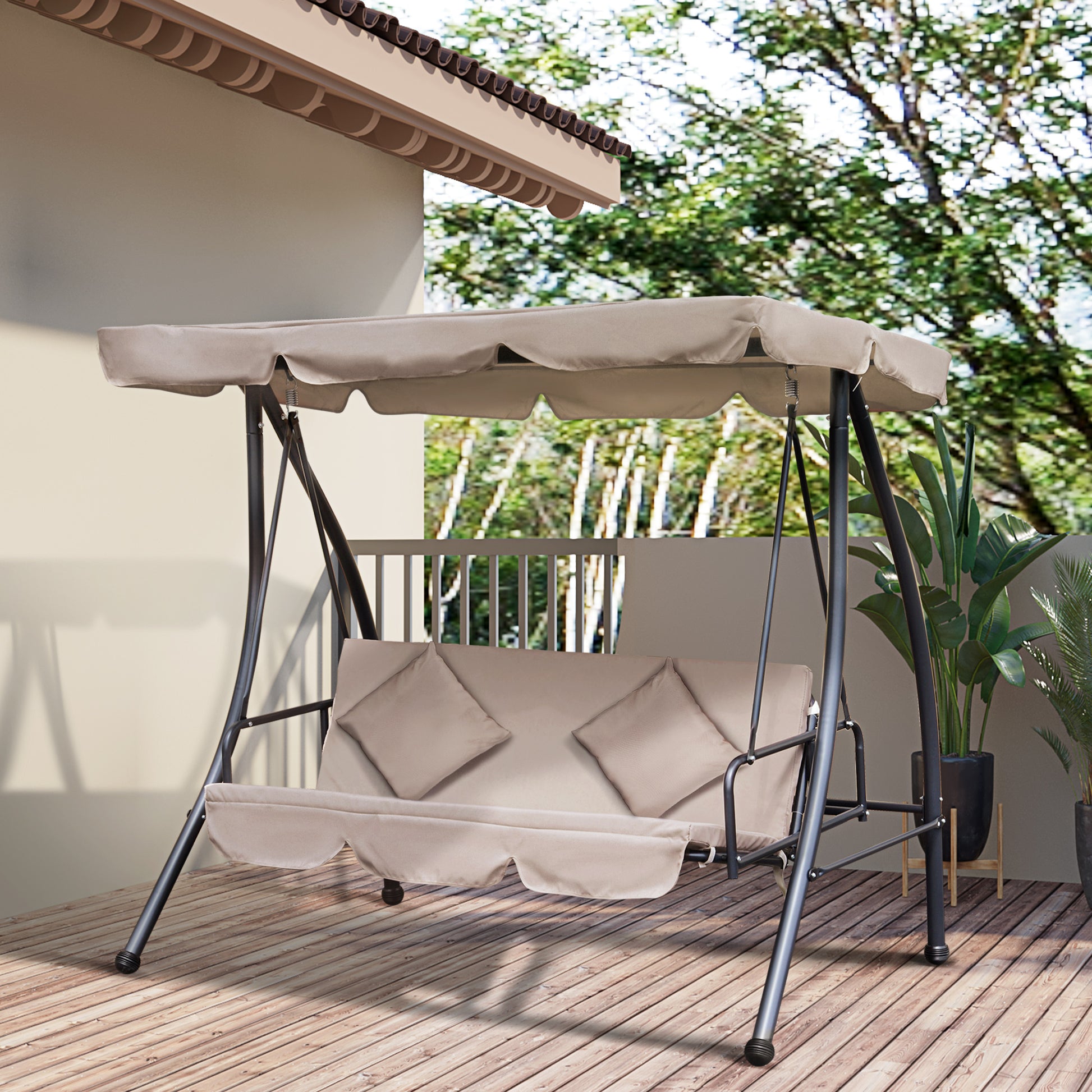 2 in 1 Hollywood Swing with Reclining Function, 3-Seater Garden Swing with Adjustable Sunroof Cushions, Swing Bench supports up to 340kg, Garden Lounger for Garden Terrace 200x125x170cm Beige