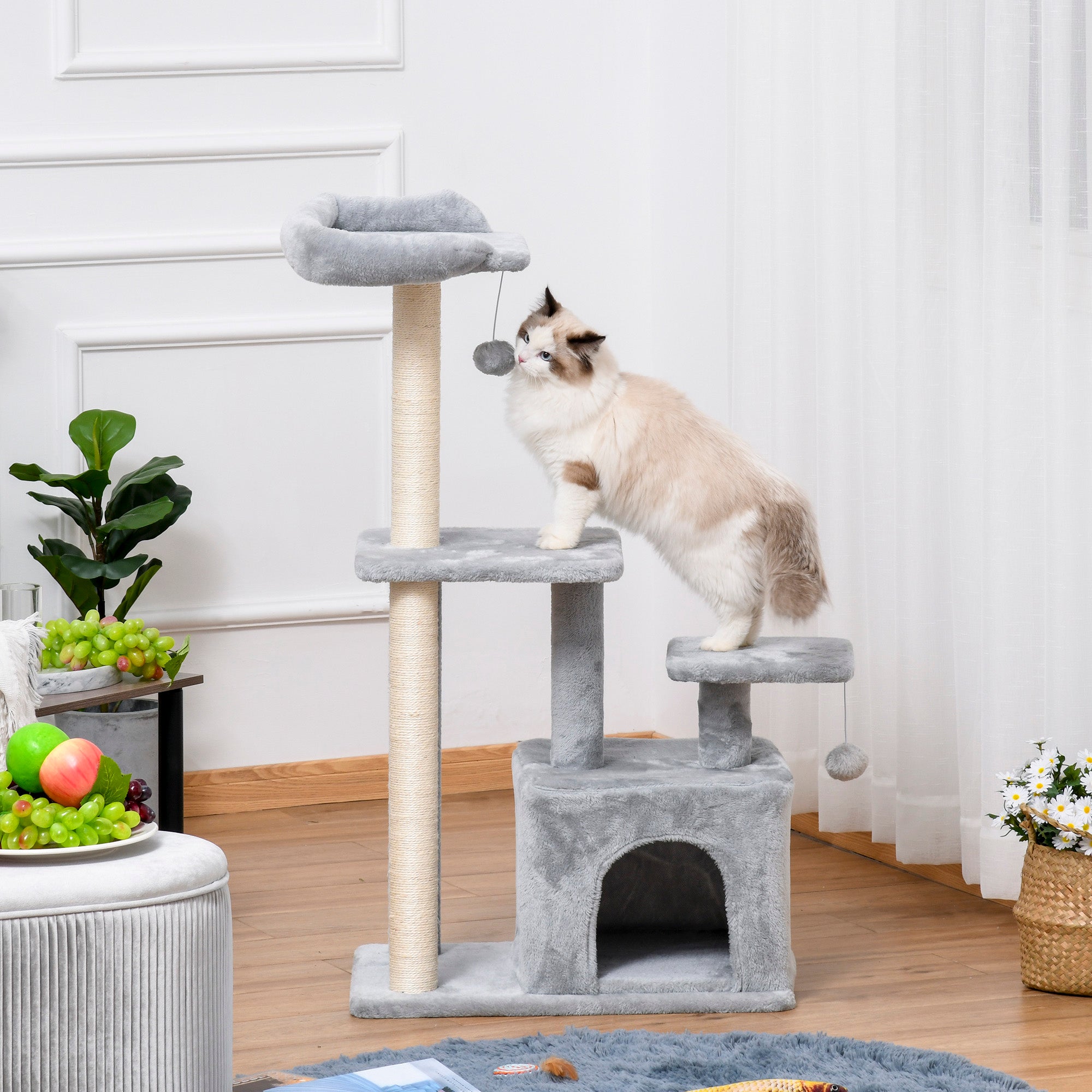 114cm Height Cat Scratching Tree Cat Tower with Sisal Posts 3 Platforms Cozy House and 2 Hanging Balls Light Gray