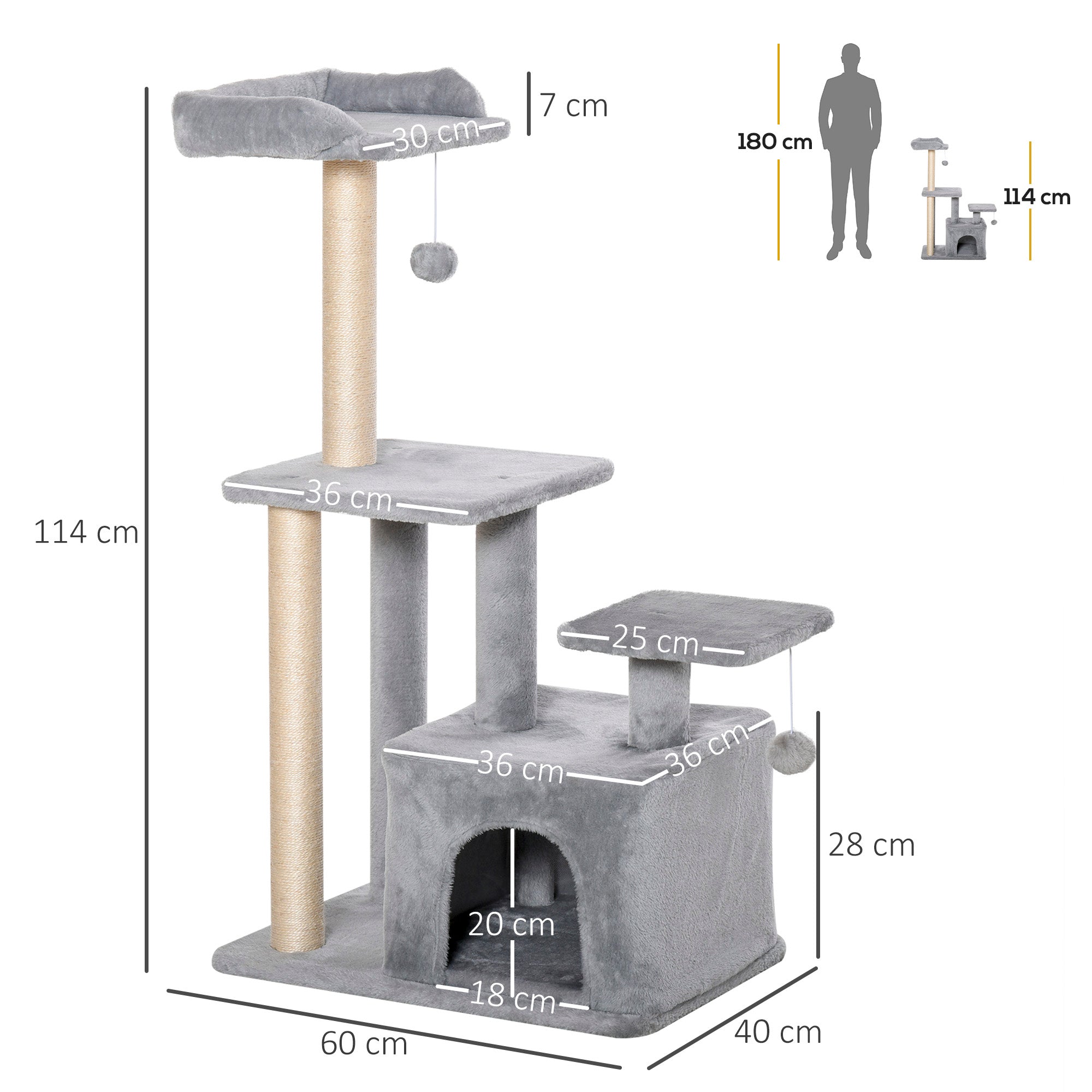 114cm Height Cat Scratching Tree Cat Tower with Sisal Posts 3 Platforms Cozy House and 2 Hanging Balls Light Gray