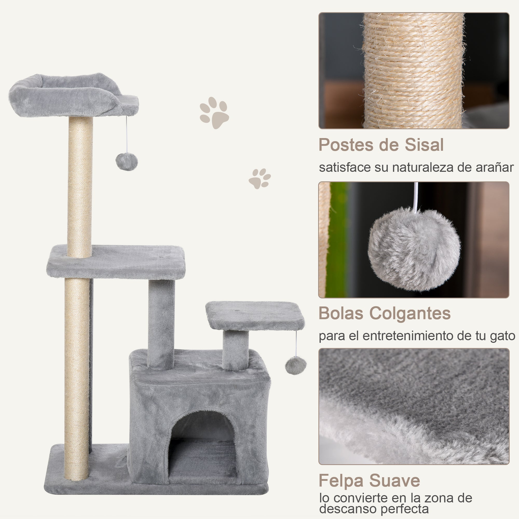 114cm Height Cat Scratching Tree Cat Tower with Sisal Posts 3 Platforms Cozy House and 2 Hanging Balls Light Gray
