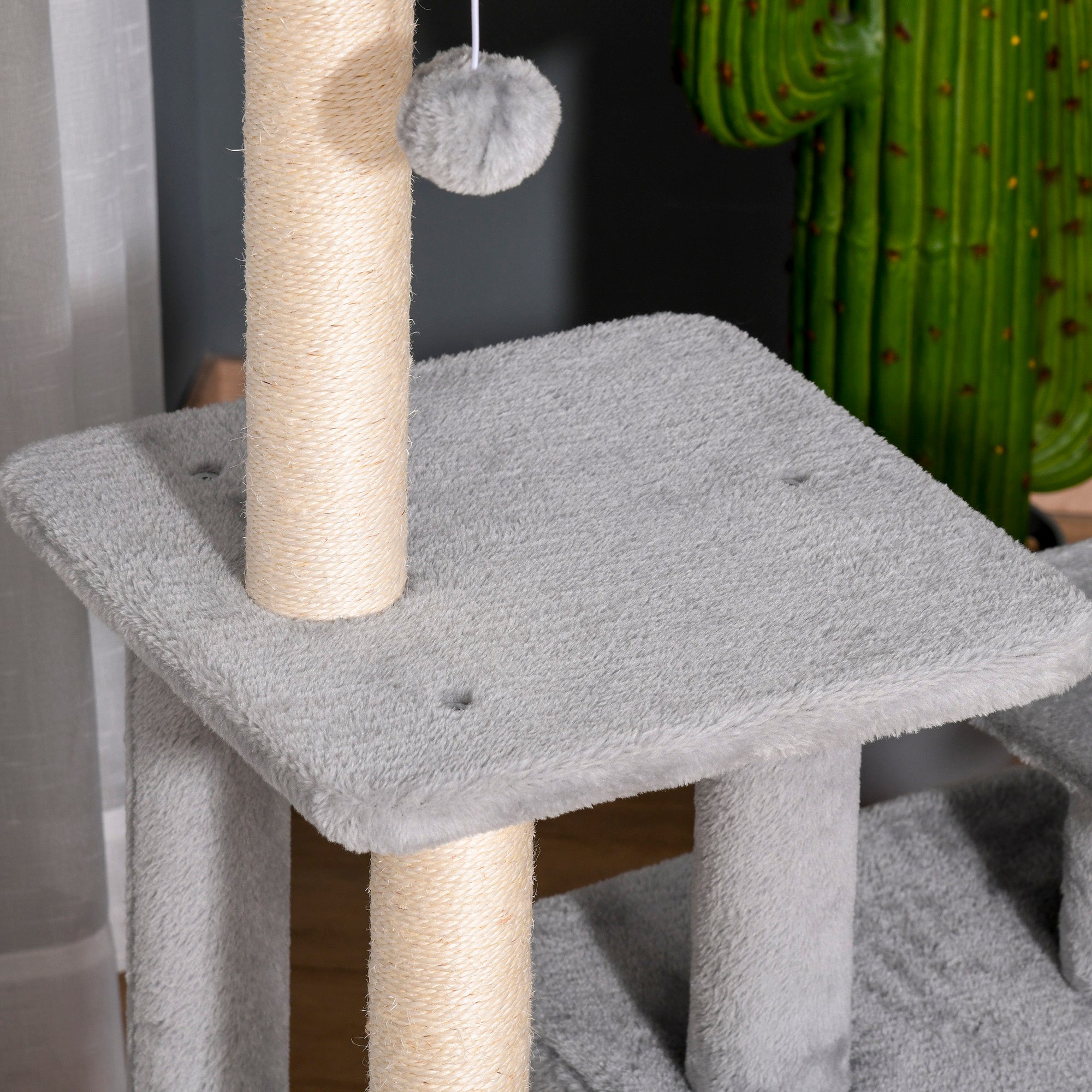 114cm Height Cat Scratching Tree Cat Tower with Sisal Posts 3 Platforms Cozy House and 2 Hanging Balls Light Gray
