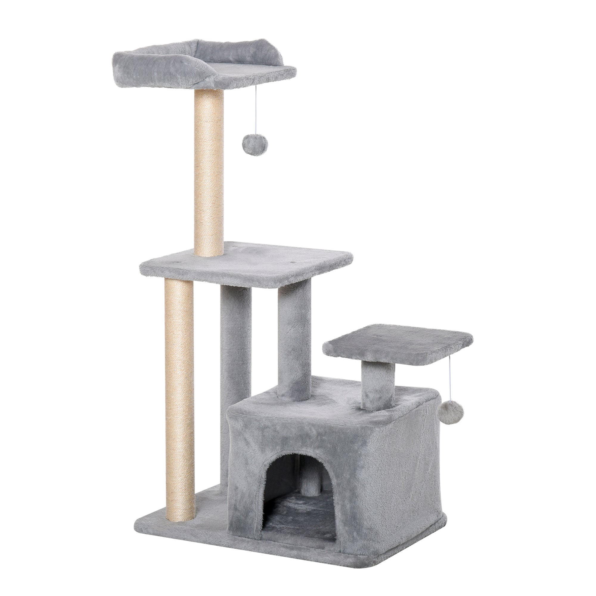 114cm Height Cat Scratching Tree Cat Tower with Sisal Posts 3 Platforms Cozy House and 2 Hanging Balls Light Gray