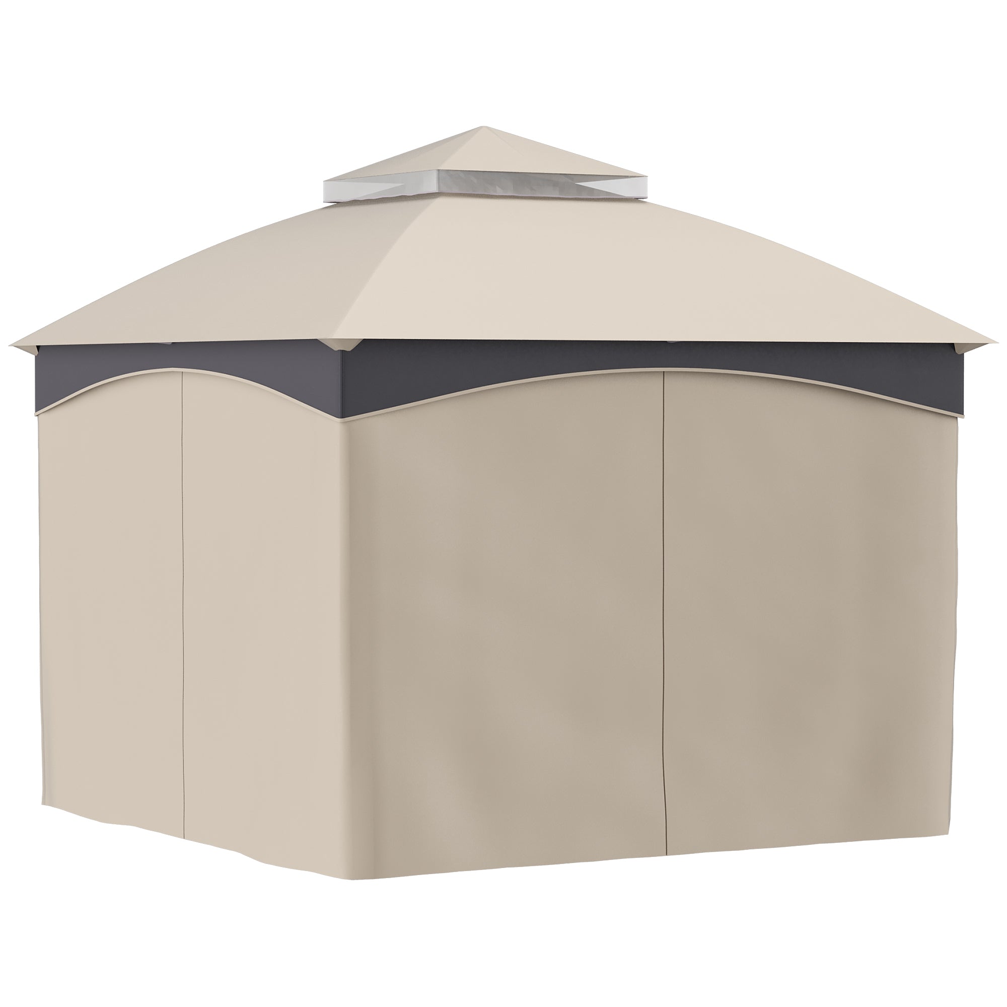 Garden Gazebo 3x3m Steel with Double Roof, Nets, and Curtains Included, Beige and Coffee