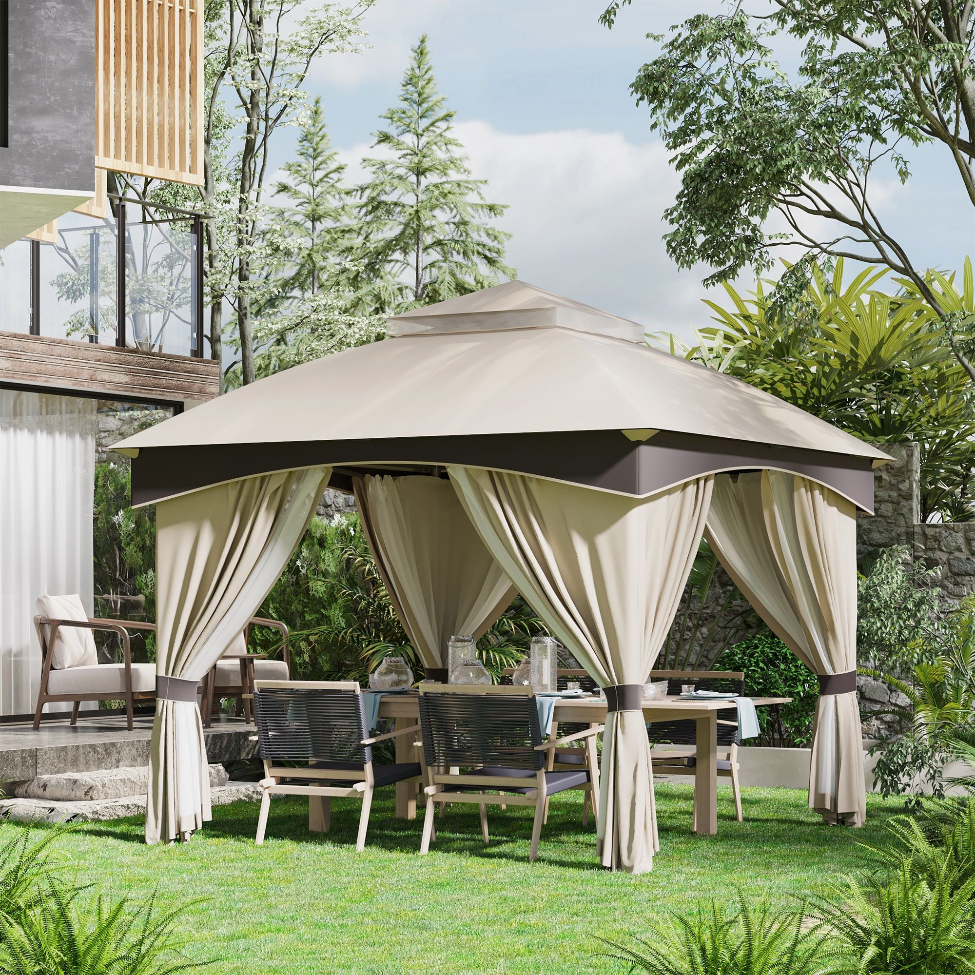 Garden Gazebo 3x3m Steel with Double Roof, Nets, and Curtains Included, Beige and Coffee