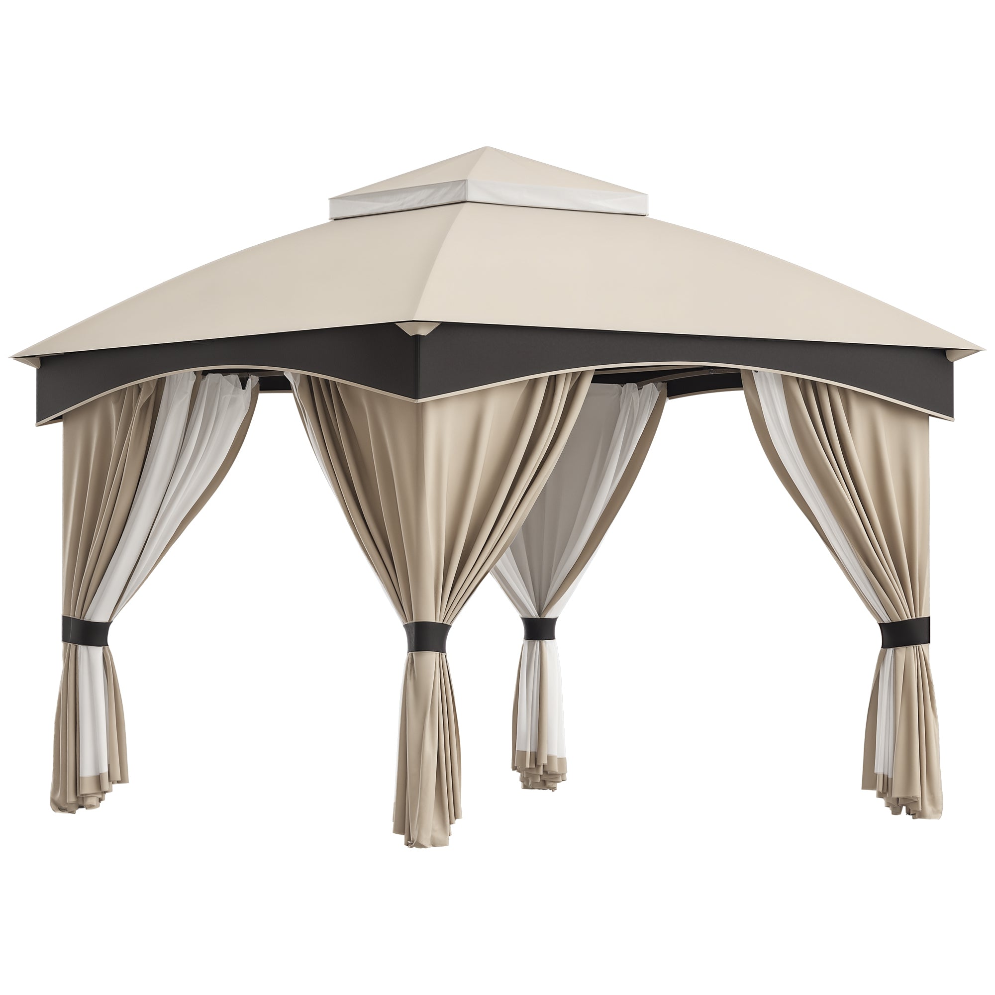 Garden Gazebo 3x3m Steel with Double Roof, Nets, and Curtains Included, Beige and Coffee