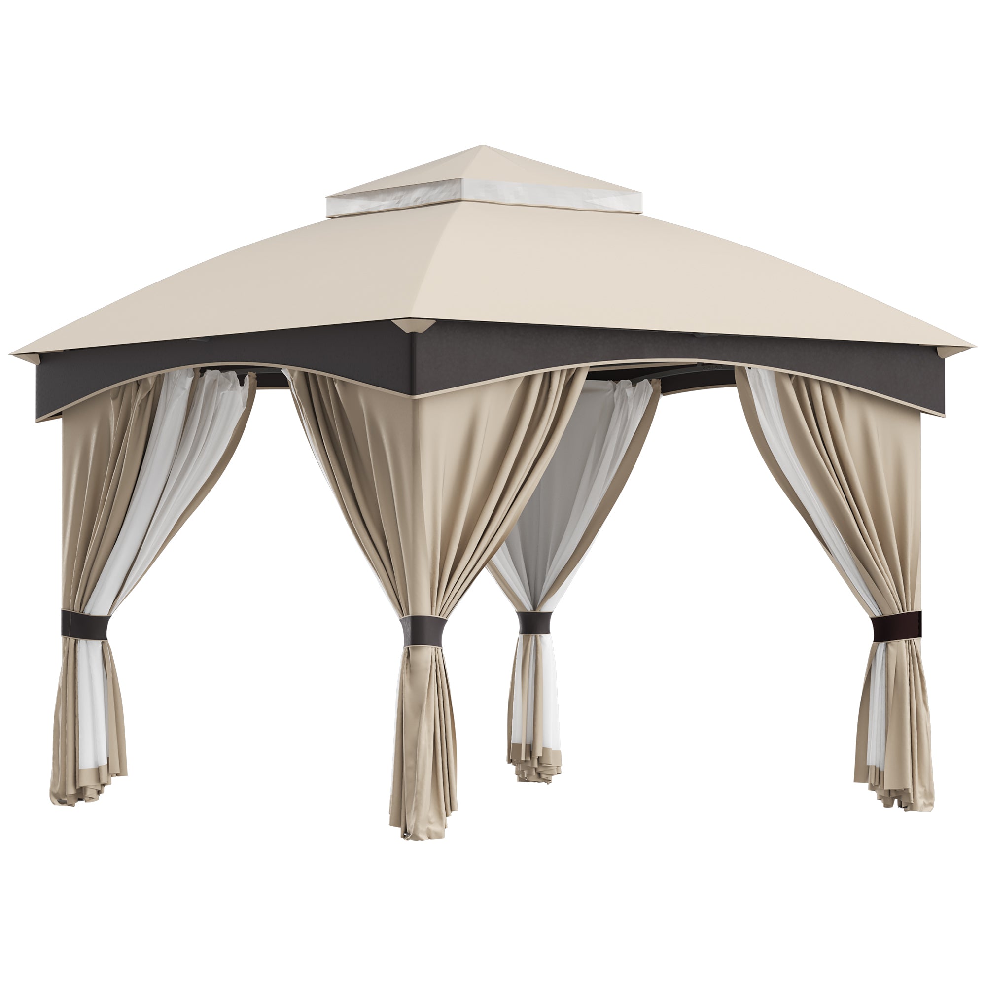 Garden Gazebo 3x3m Steel with Double Roof, Nets, and Curtains Included, Beige and Coffee