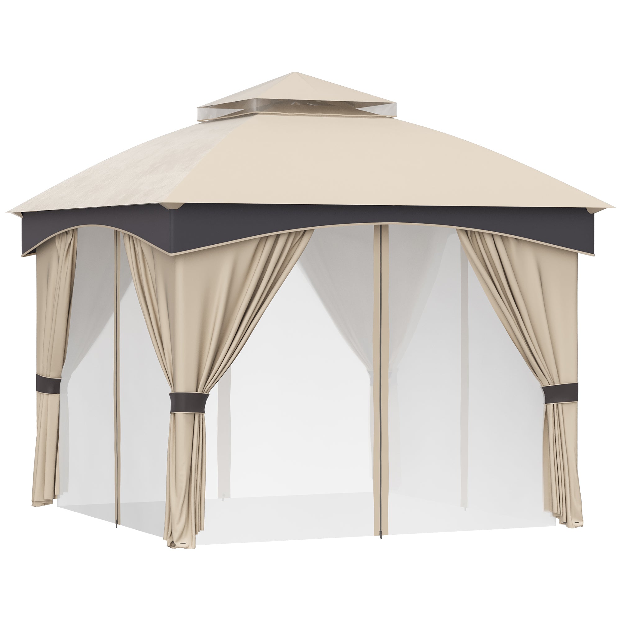 Garden Gazebo 3x3m Steel with Double Roof, Nets, and Curtains Included, Beige and Coffee