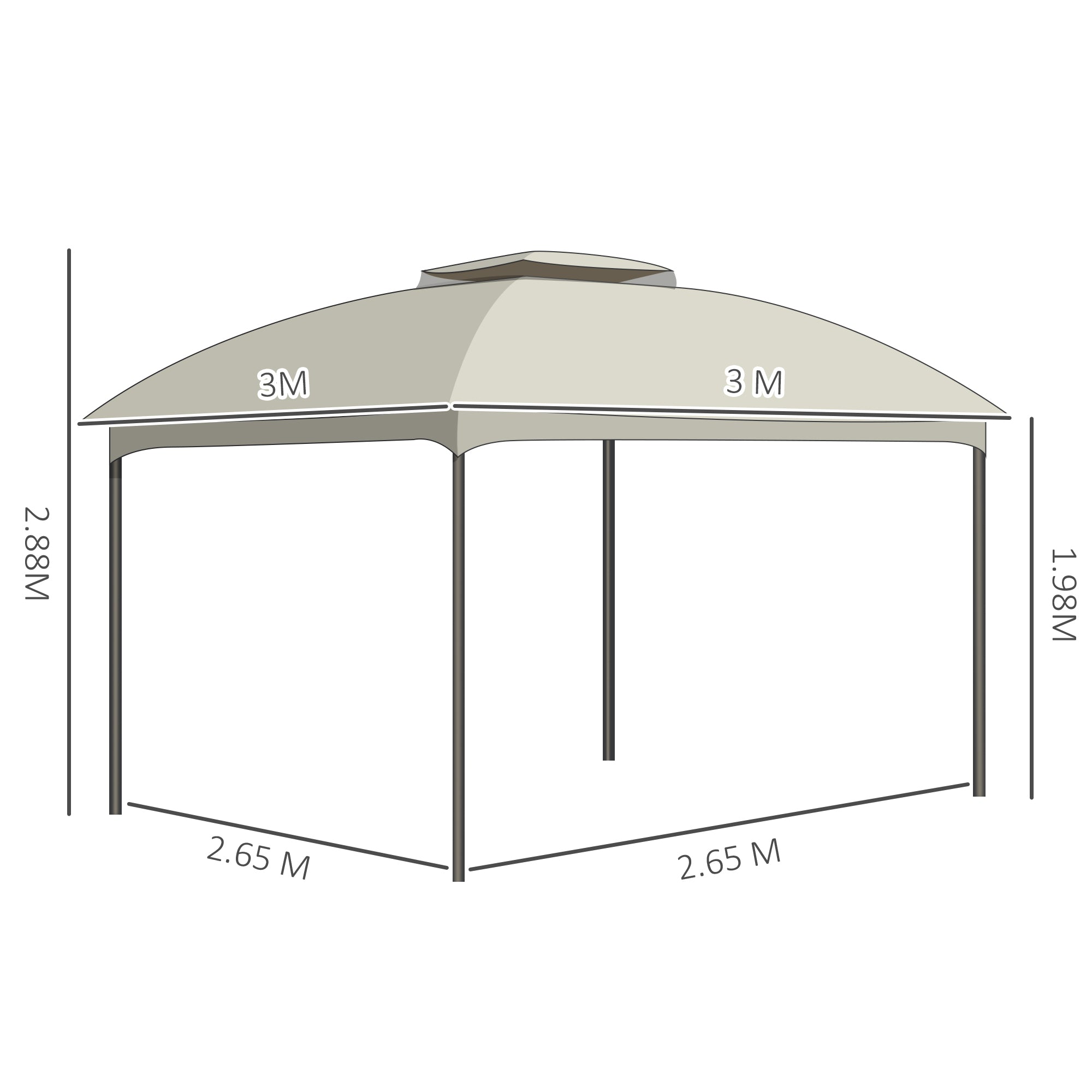 Garden Gazebo 3x3m Steel with Double Roof, Nets, and Curtains Included, Beige and Coffee