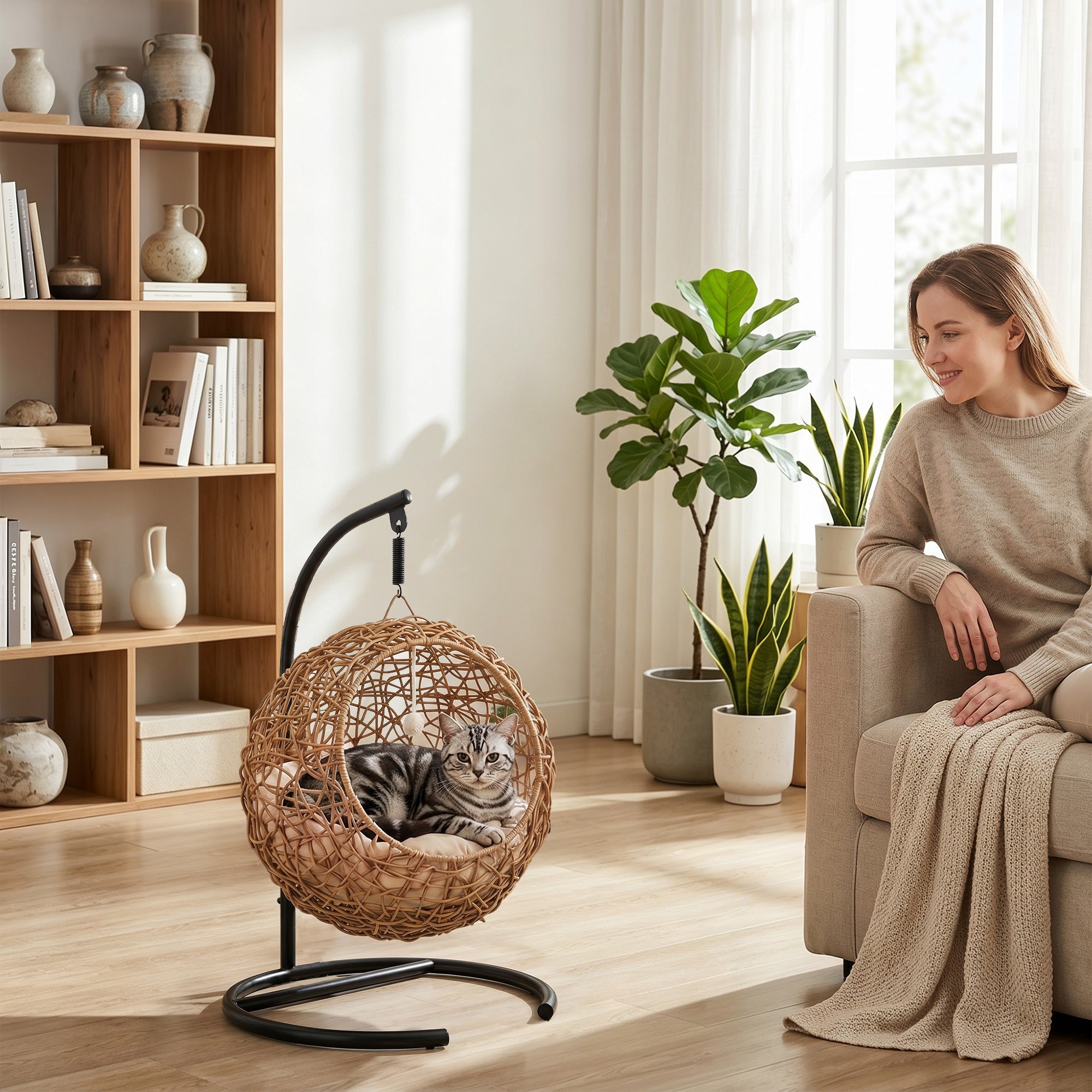 Woven Cat Bed — Elevated Rattan Cat House with Washable Cushion & Toy Ball, Indoor Hideout, 17.7 x 16.1 x 29.5 in (45 x 41 x 75 cm), Light Brown