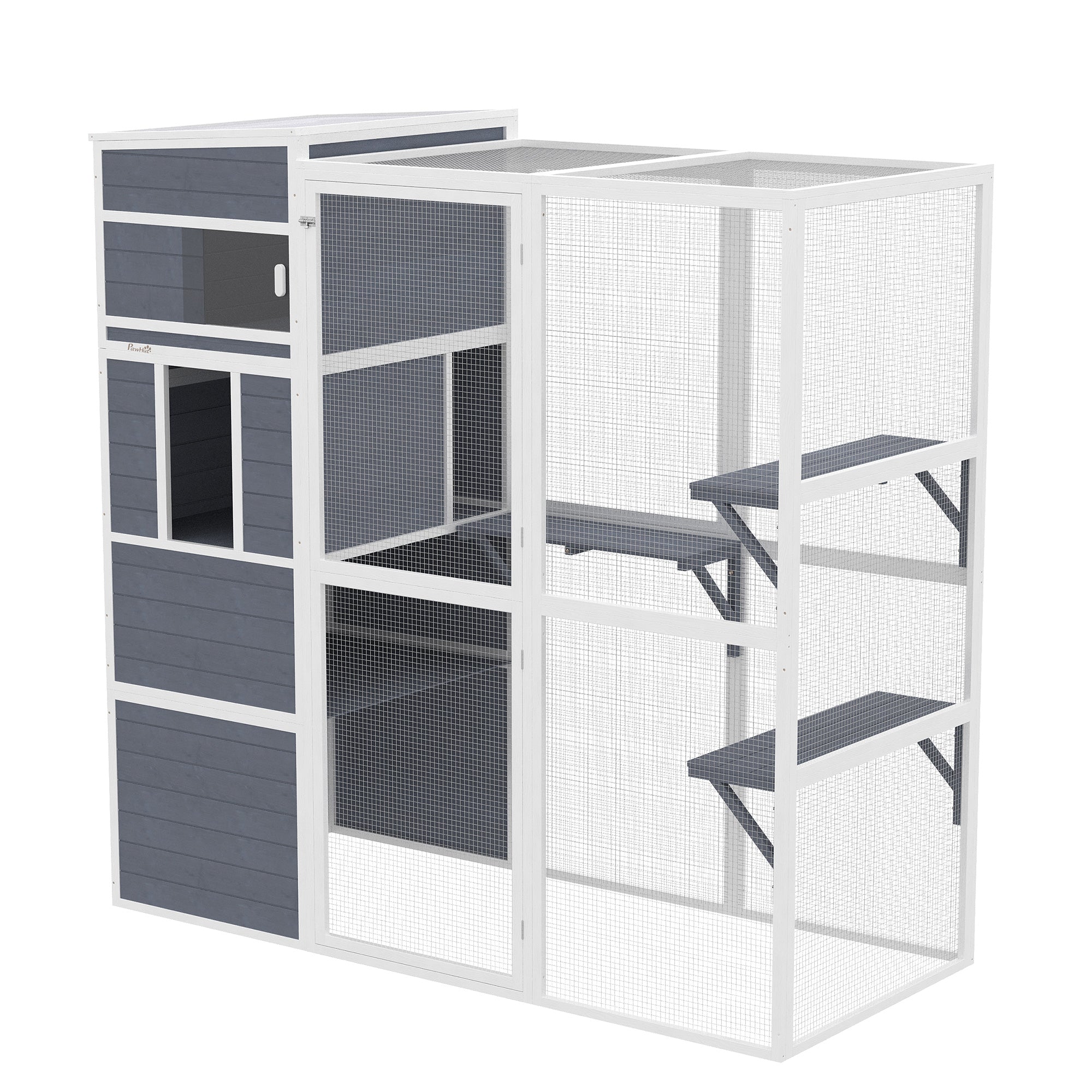Outdoor Wooden Cat Enclosure with 3 Platforms, Weatherproof Roof, Window & Mesh Run for 3–4 Cats (up to 22 lb), Gray - Indoor/Outdoor