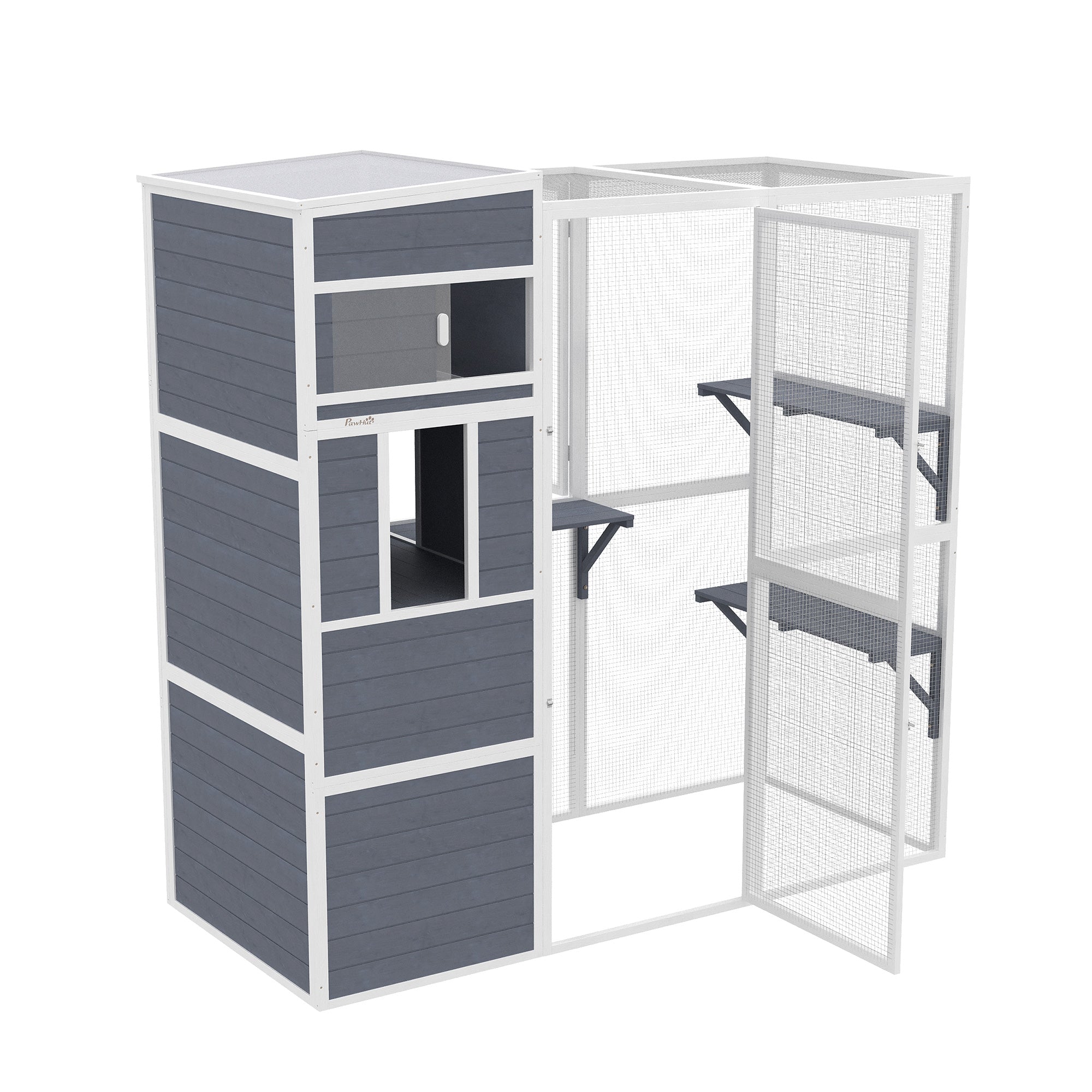 Outdoor Wooden Cat Enclosure with 3 Platforms, Weatherproof Roof, Window & Mesh Run for 3–4 Cats (up to 22 lb), Gray - Indoor/Outdoor