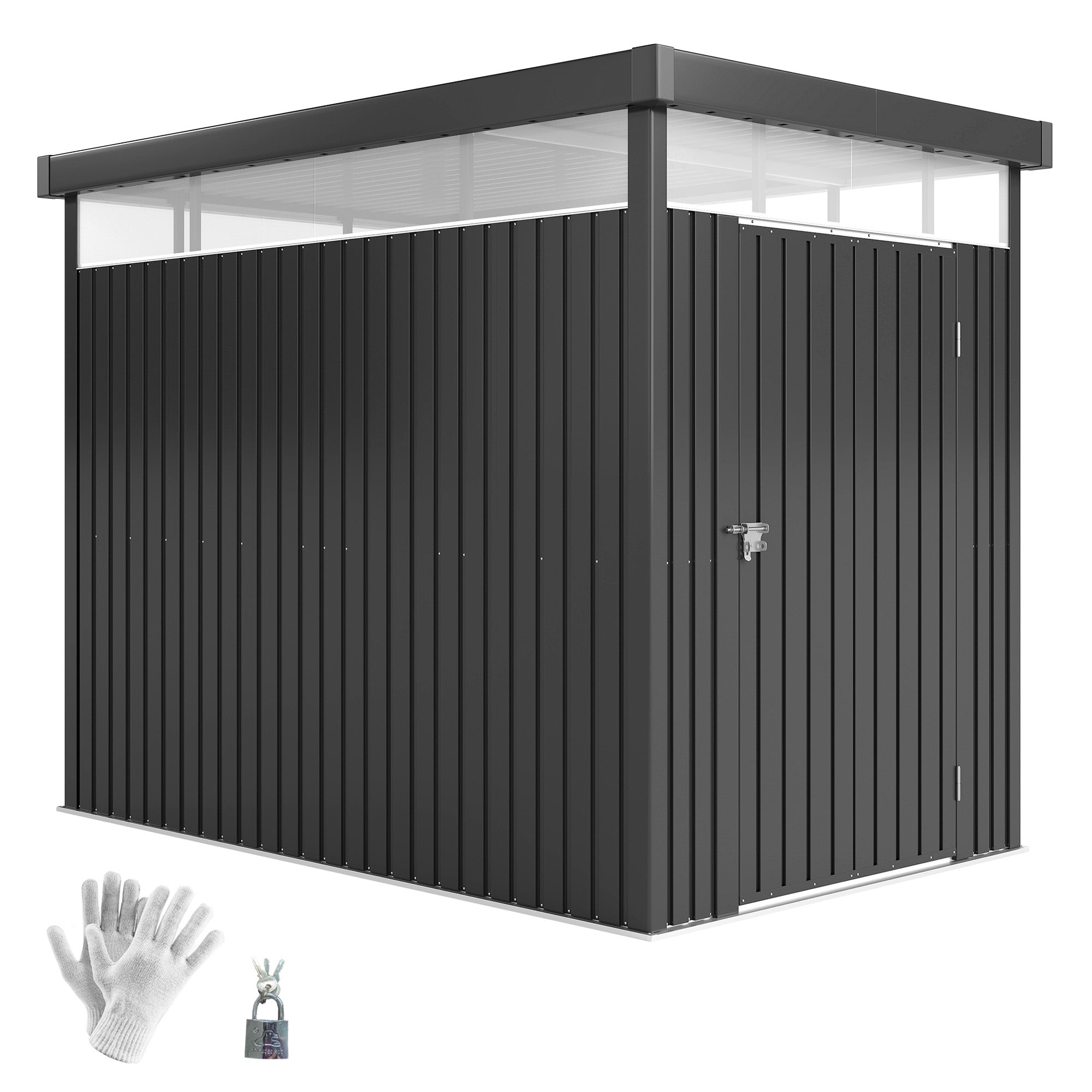 4m² Garden Shed in Zinc-Coated Steel with Drainage Holes and Clear Acrylic Windows, Tool Storage Shed with Roof, Lockable Door with Keys and Gloves, Dark Grey