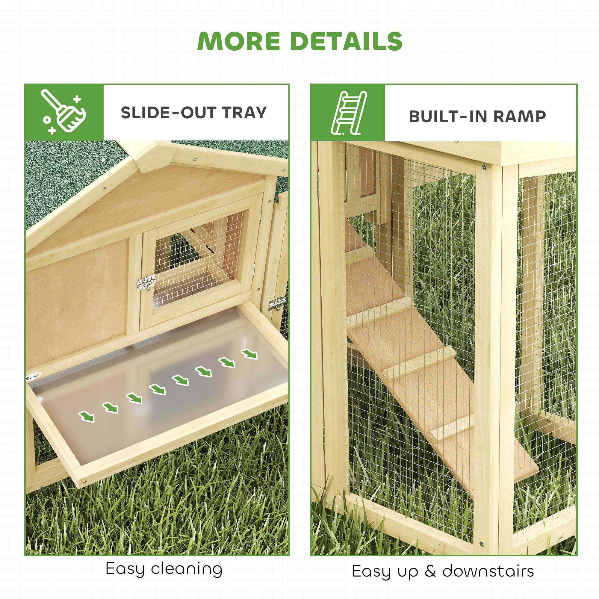 Wooden Chicken Coop 204 x 85 x 93 cm (80.3 x 33.5 x 36.6 in) — 2-Level Outdoor Run, Nesting Box, Waterproof Roof, Perch & Ramp, Natural Wood