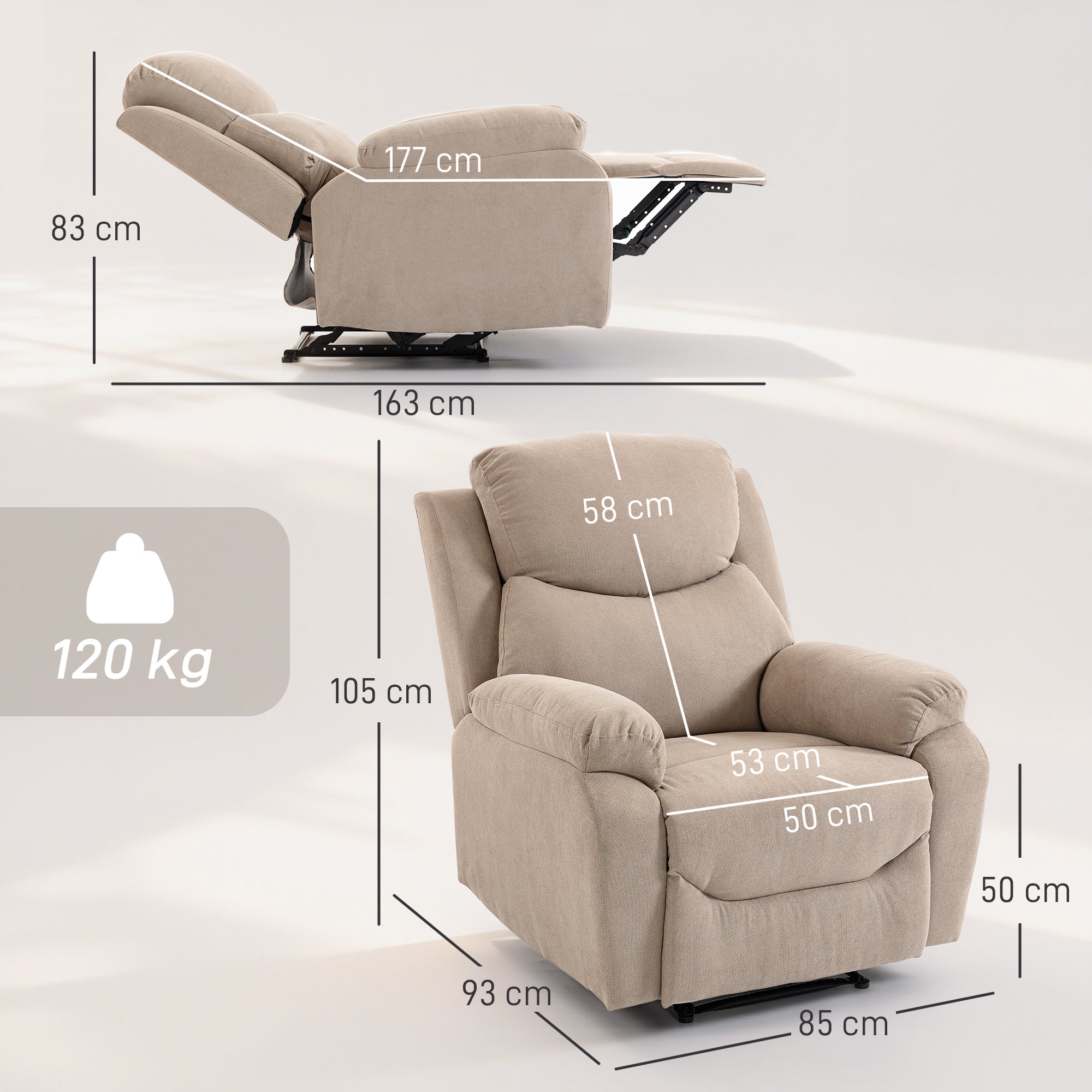 Manual Recliner Armchair, Modern Recliner with Linen-Look Fabric, Extending Footrest, Armrests, Thick Padding, Reclines up to 150°, 265 lb Capacity, for Living Room, Beige