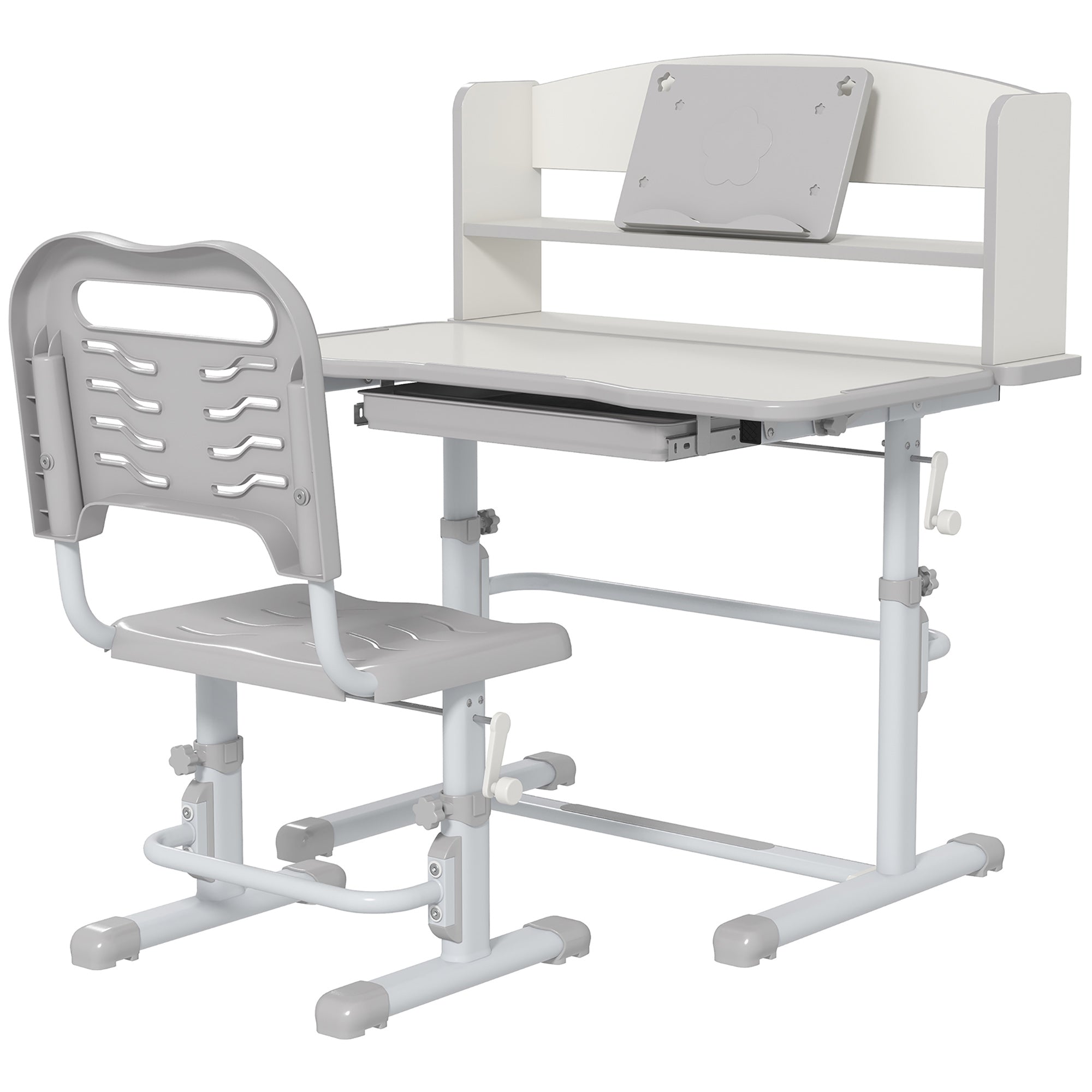 ZONEKIZ Kids' Desk and Chair Set for 6-12 Years Adjustable Height Children's Desk with 1 Drawer 1 Bookshelf and Adjustable Table Angle 80x54.5x82-104 cm Gray and White