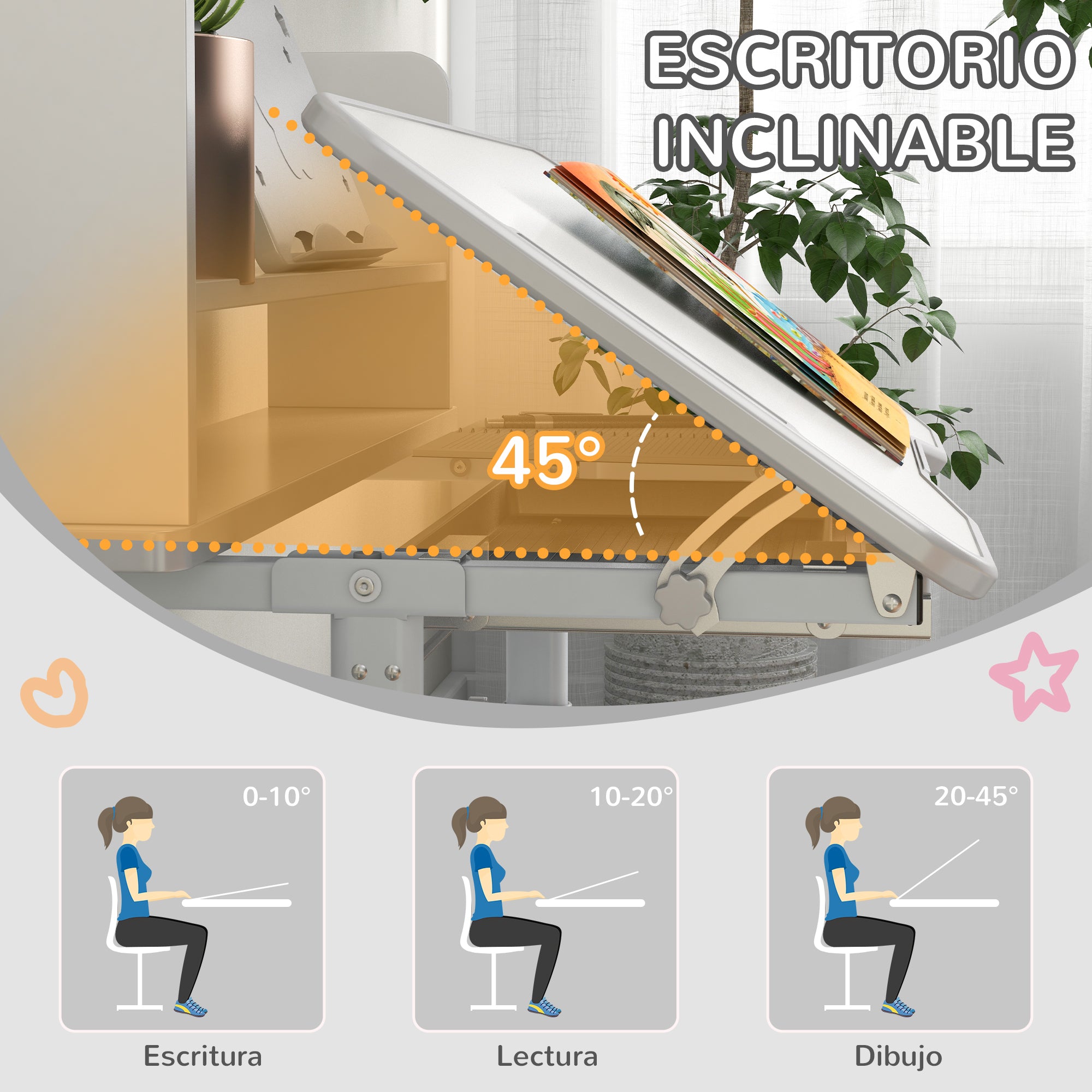 ZONEKIZ Kids' Desk and Chair Set for 6-12 Years Adjustable Height Children's Desk with 1 Drawer 1 Bookshelf and Adjustable Table Angle 80x54.5x82-104 cm Gray and White