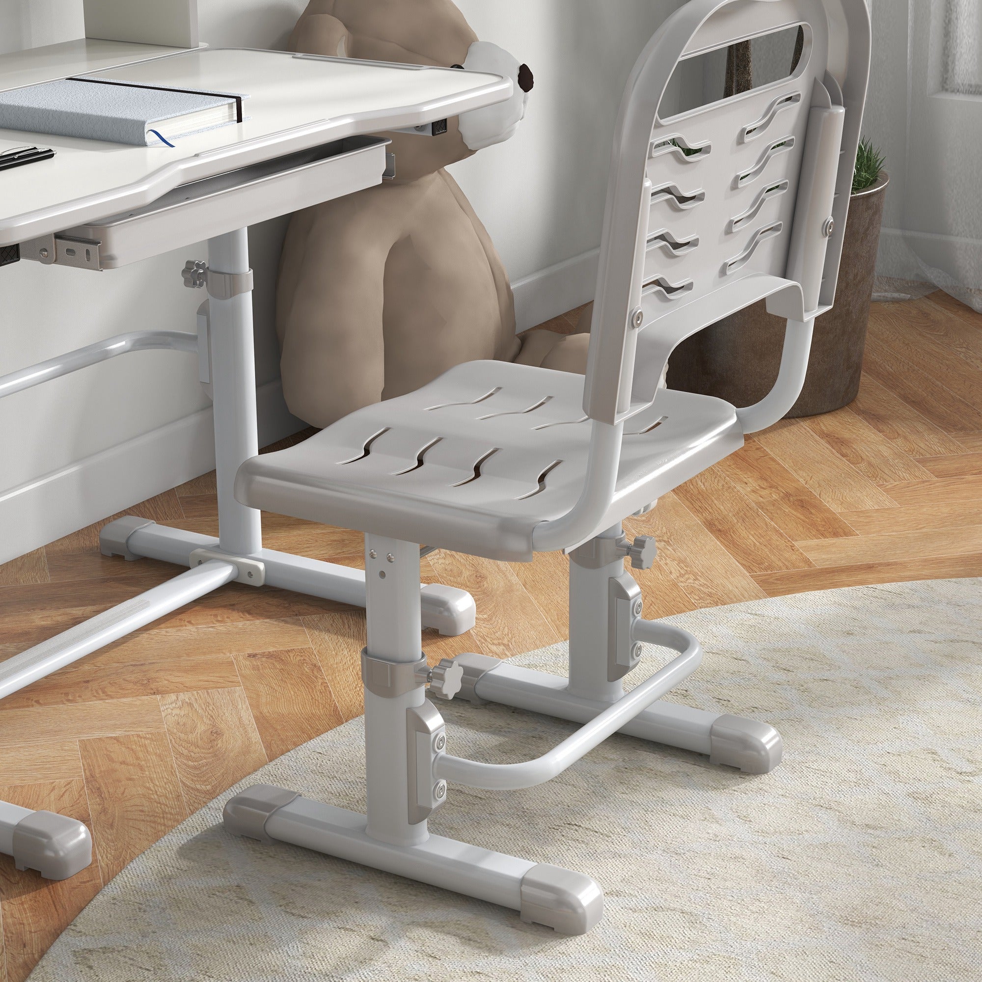 ZONEKIZ Kids' Desk and Chair Set for 6-12 Years Adjustable Height Children's Desk with 1 Drawer 1 Bookshelf and Adjustable Table Angle 80x54.5x82-104 cm Gray and White