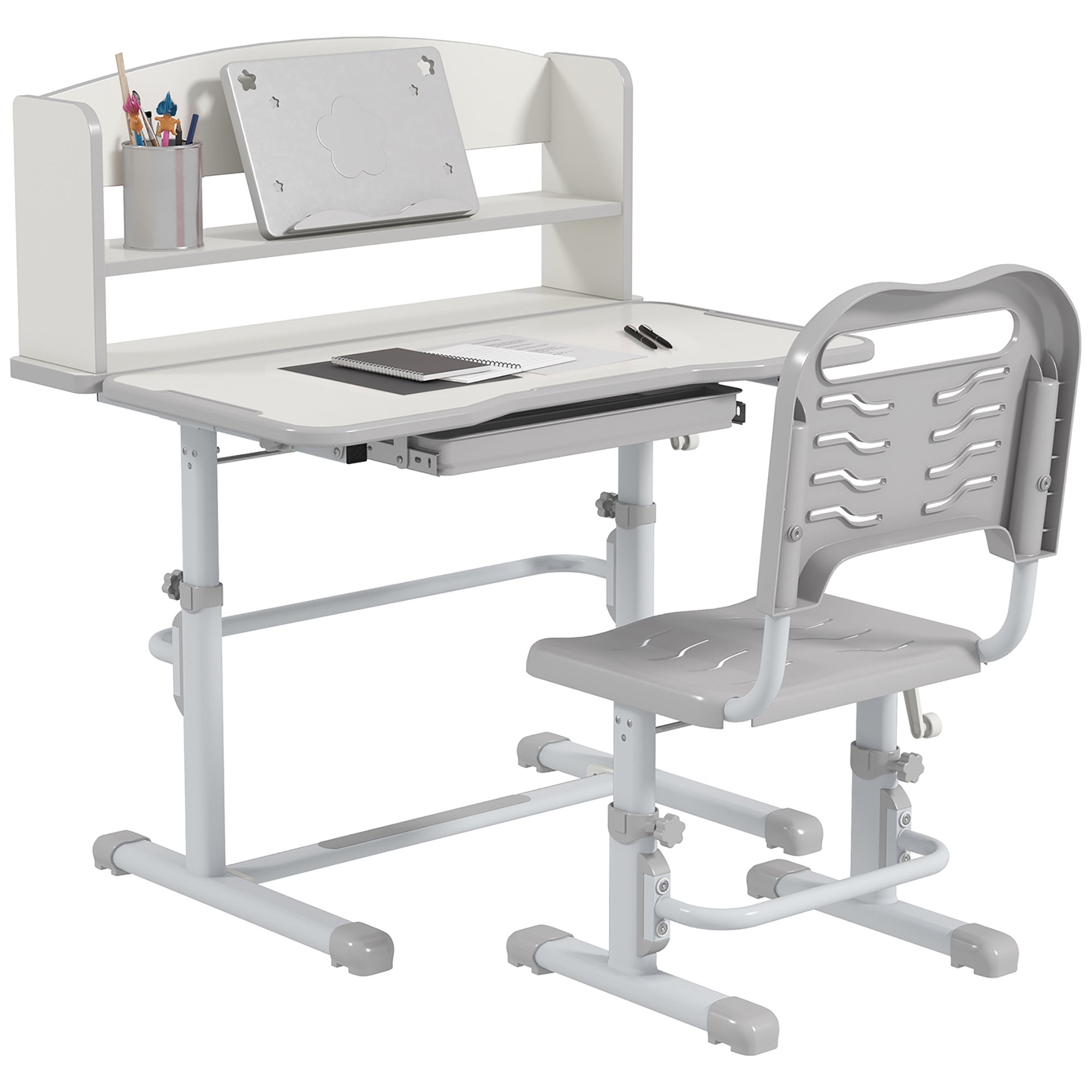 ZONEKIZ Kids' Desk and Chair Set for 6-12 Years Adjustable Height Children's Desk with 1 Drawer 1 Bookshelf and Adjustable Table Angle 80x54.5x82-104 cm Gray and White