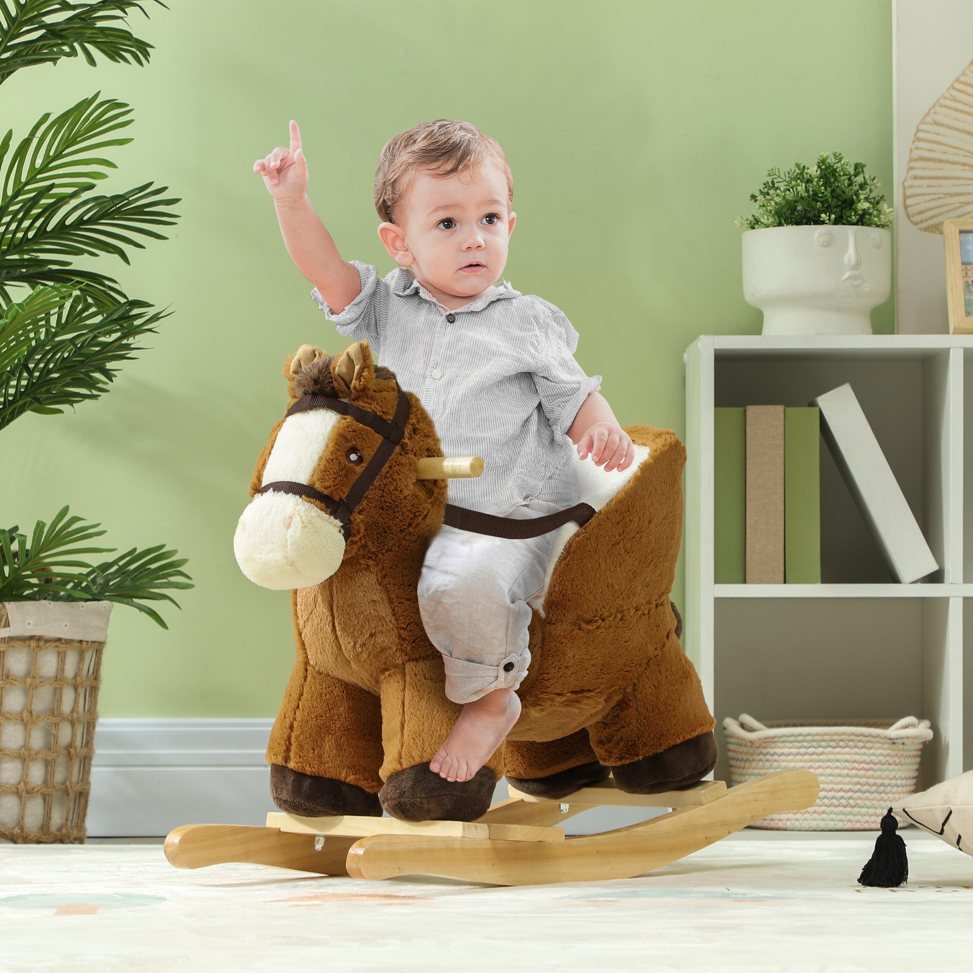 Rocking Horse for Kids 18-36 Months Toy Horse with Sound Handles Safety Belt and Wooden Base 25 kg Load 68x33x45 cm Brown