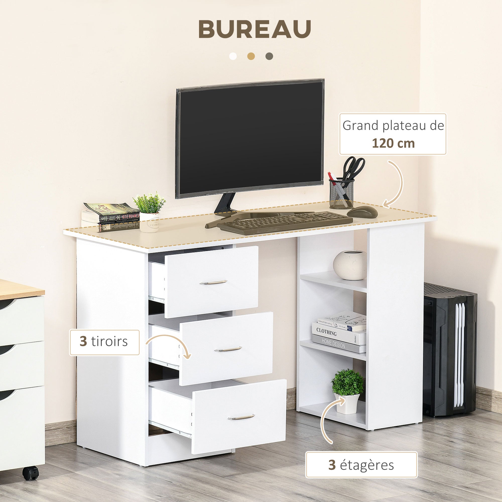 Desk with Storage, Computer Table 120 x 50 cm, Computer Desk with Shelves and Drawers, for Small Spaces, Bedroom, White