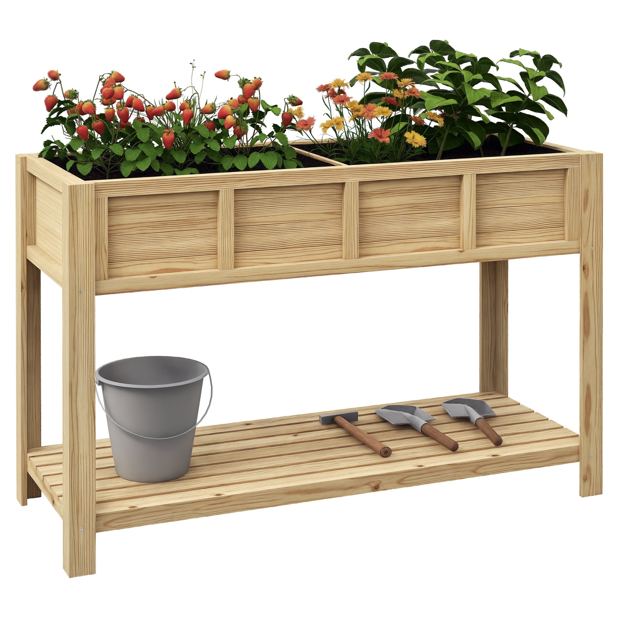 Raised Wooden Planter Stand - Planter with Removable Separator, Shelf, Irrigation Inserts, Drainage Felt Included - Dim. 115L x 46W x 75H cm - Solid Fir Wood