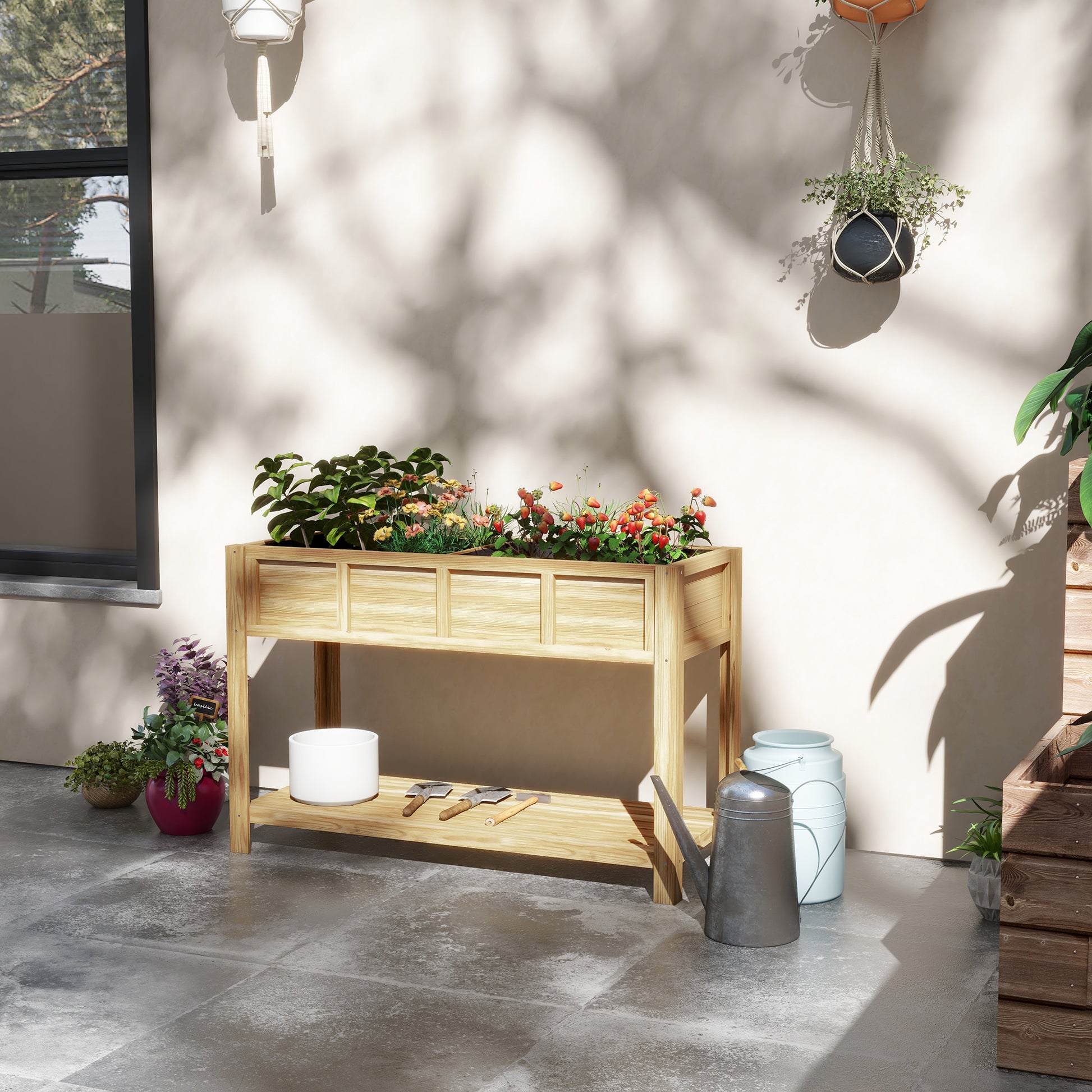 Raised Wooden Planter Stand - Planter with Removable Separator, Shelf, Irrigation Inserts, Drainage Felt Included - Dim. 115L x 46W x 75H cm - Solid Fir Wood