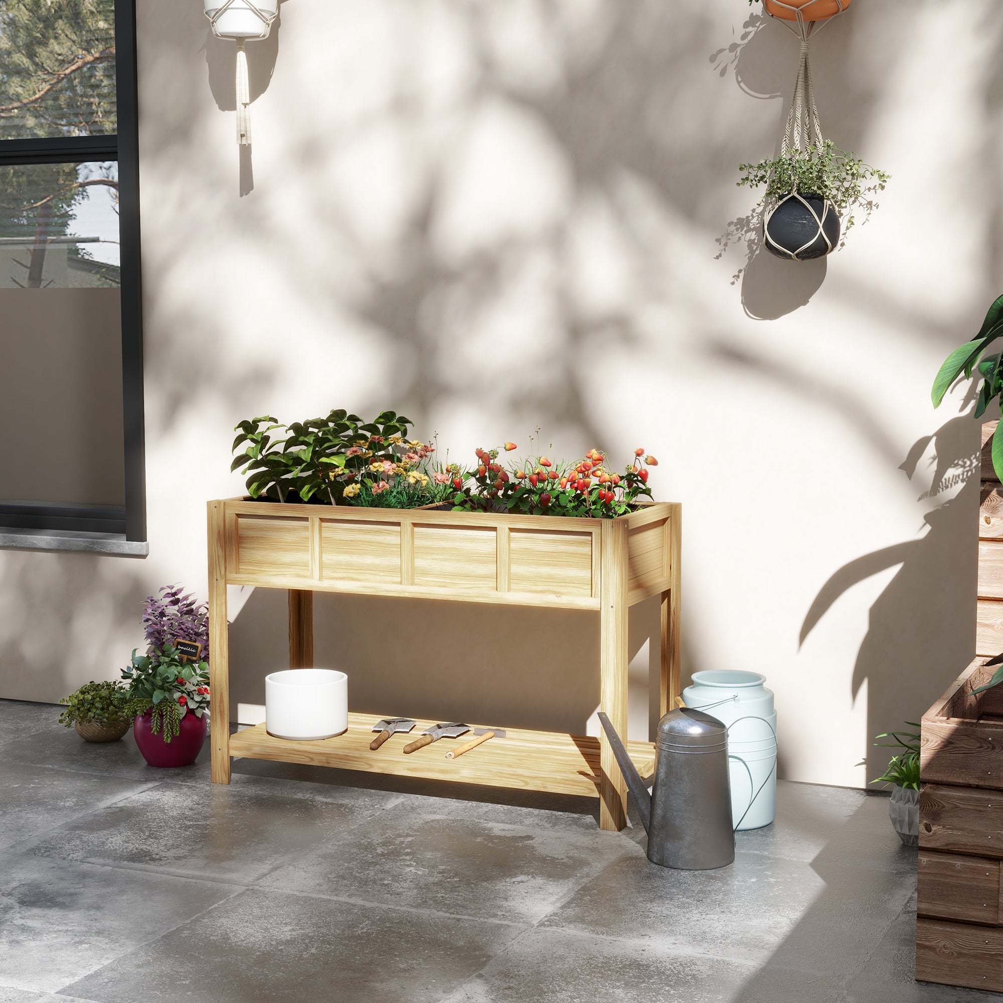 Raised Wooden Planter Stand - Planter with Removable Separator, Shelf, Irrigation Inserts, Drainage Felt Included - Dim. 115L x 46W x 75H cm - Solid Fir Wood