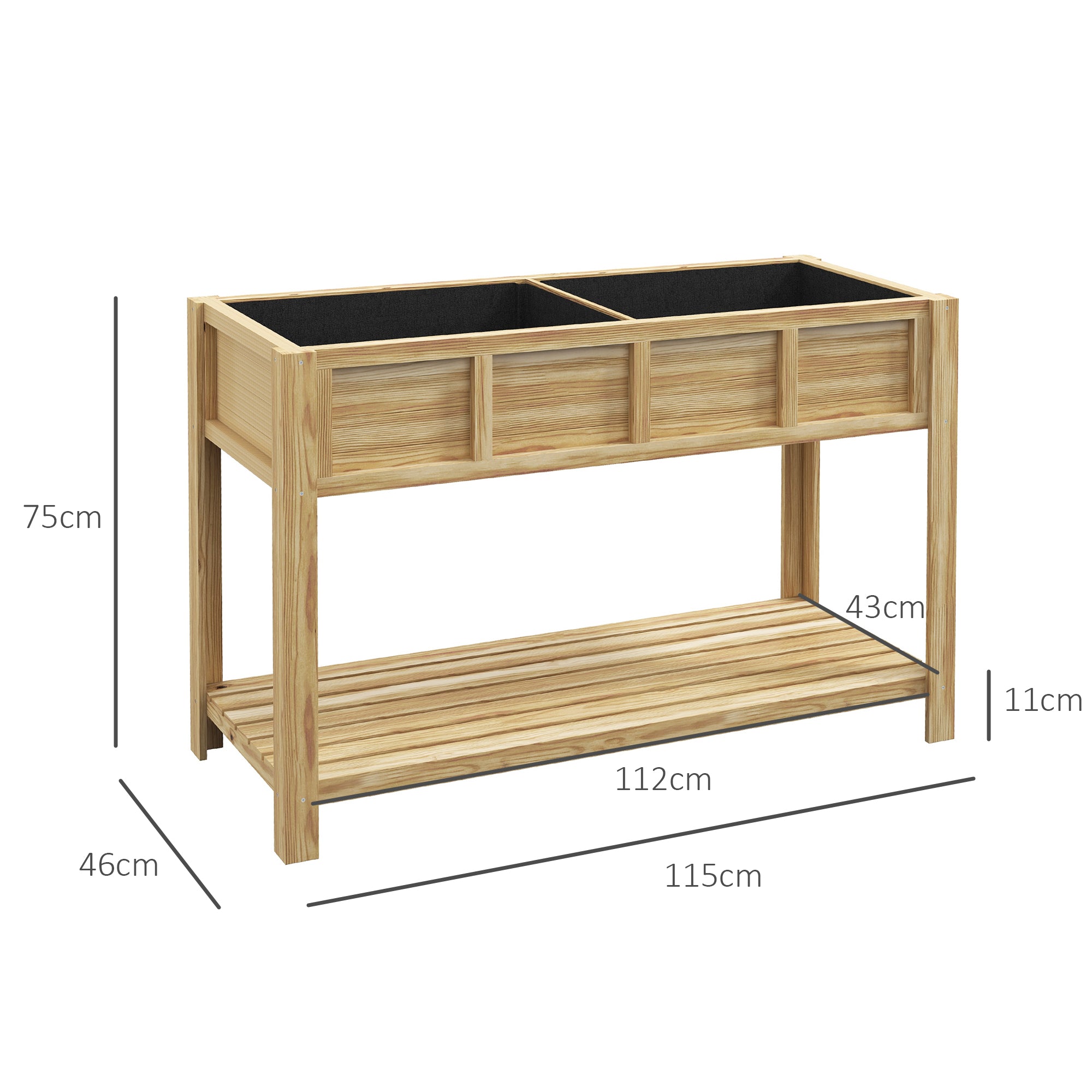 Raised Wooden Planter Stand - Planter with Removable Separator, Shelf, Irrigation Inserts, Drainage Felt Included - Dim. 115L x 46W x 75H cm - Solid Fir Wood