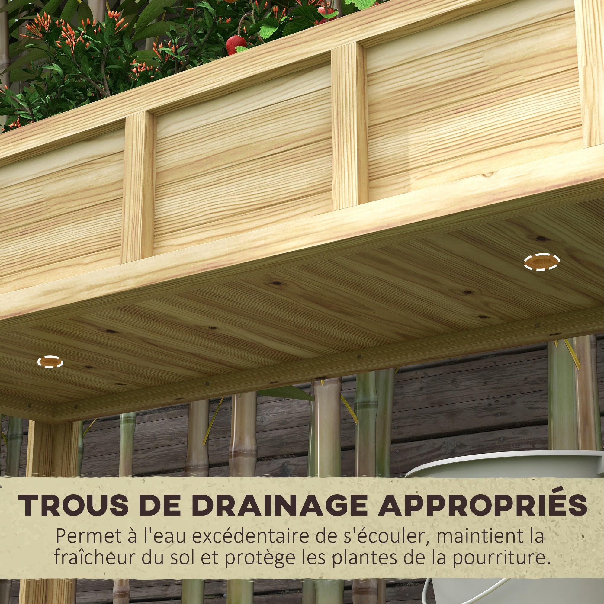 Raised Wooden Planter Stand - Planter with Removable Separator, Shelf, Irrigation Inserts, Drainage Felt Included - Dim. 115L x 46W x 75H cm - Solid Fir Wood