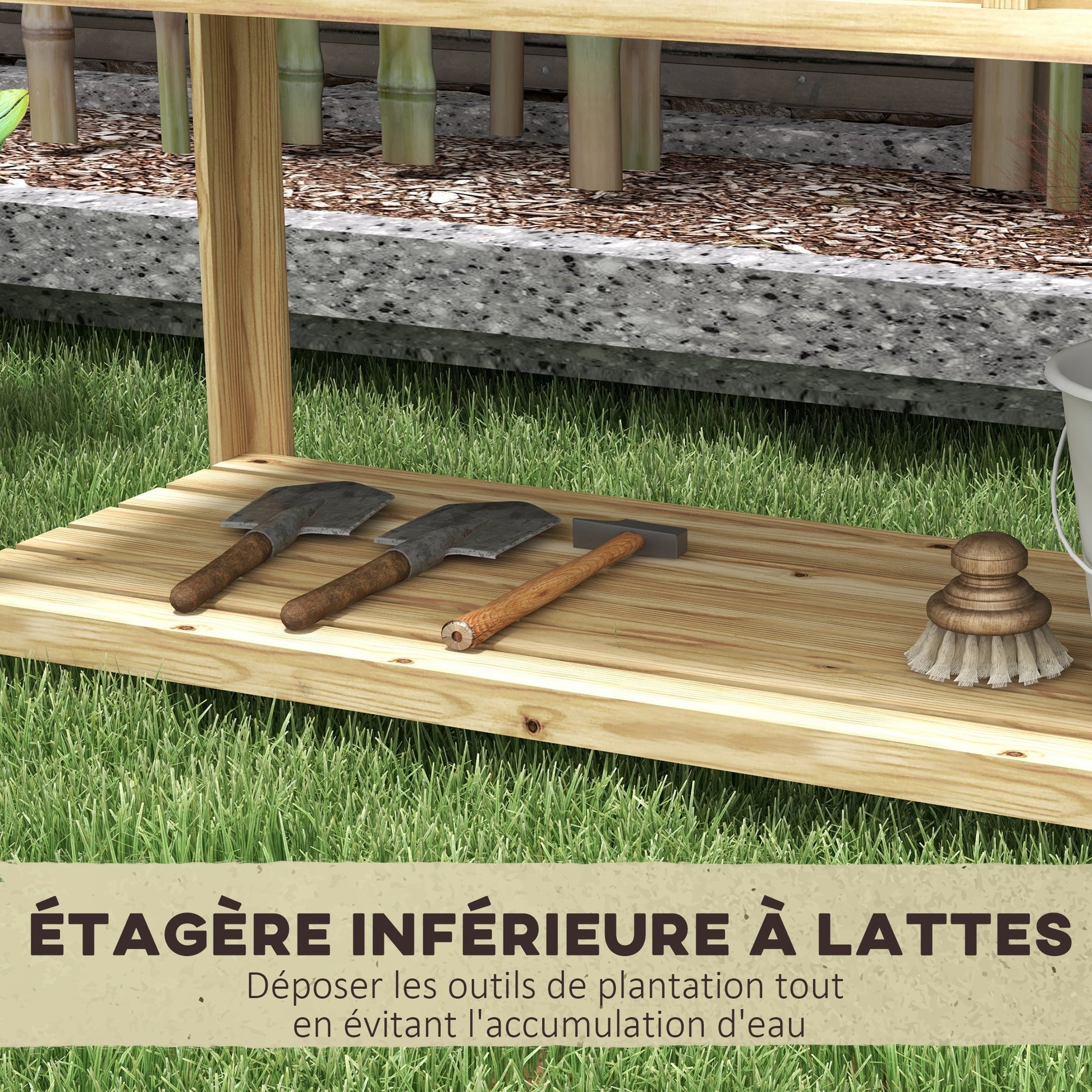 Raised Wooden Planter Stand - Planter with Removable Separator, Shelf, Irrigation Inserts, Drainage Felt Included - Dim. 115L x 46W x 75H cm - Solid Fir Wood