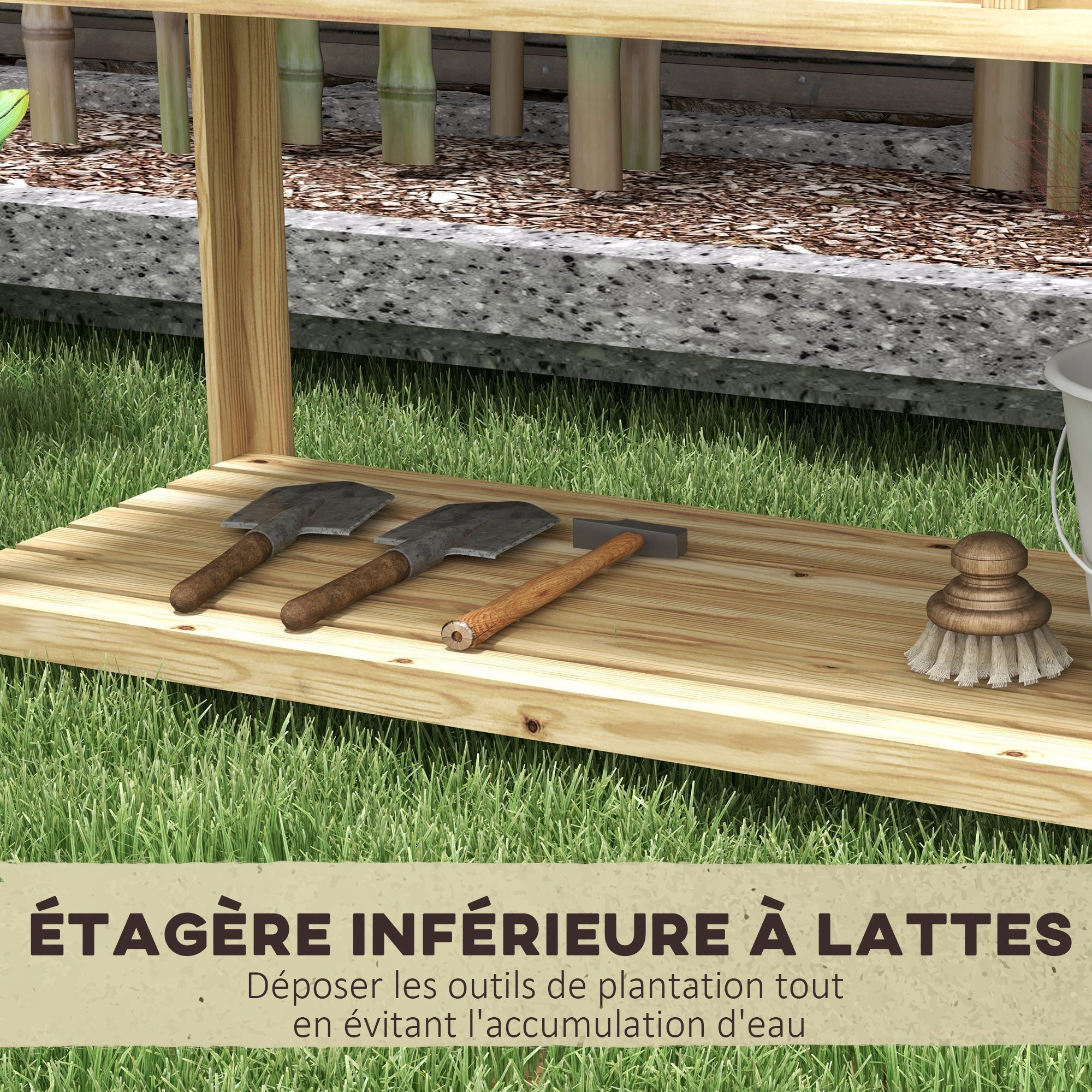 Raised Wooden Planter Stand - Planter with Removable Separator, Shelf, Irrigation Inserts, Drainage Felt Included - Dim. 115L x 46W x 75H cm - Solid Fir Wood